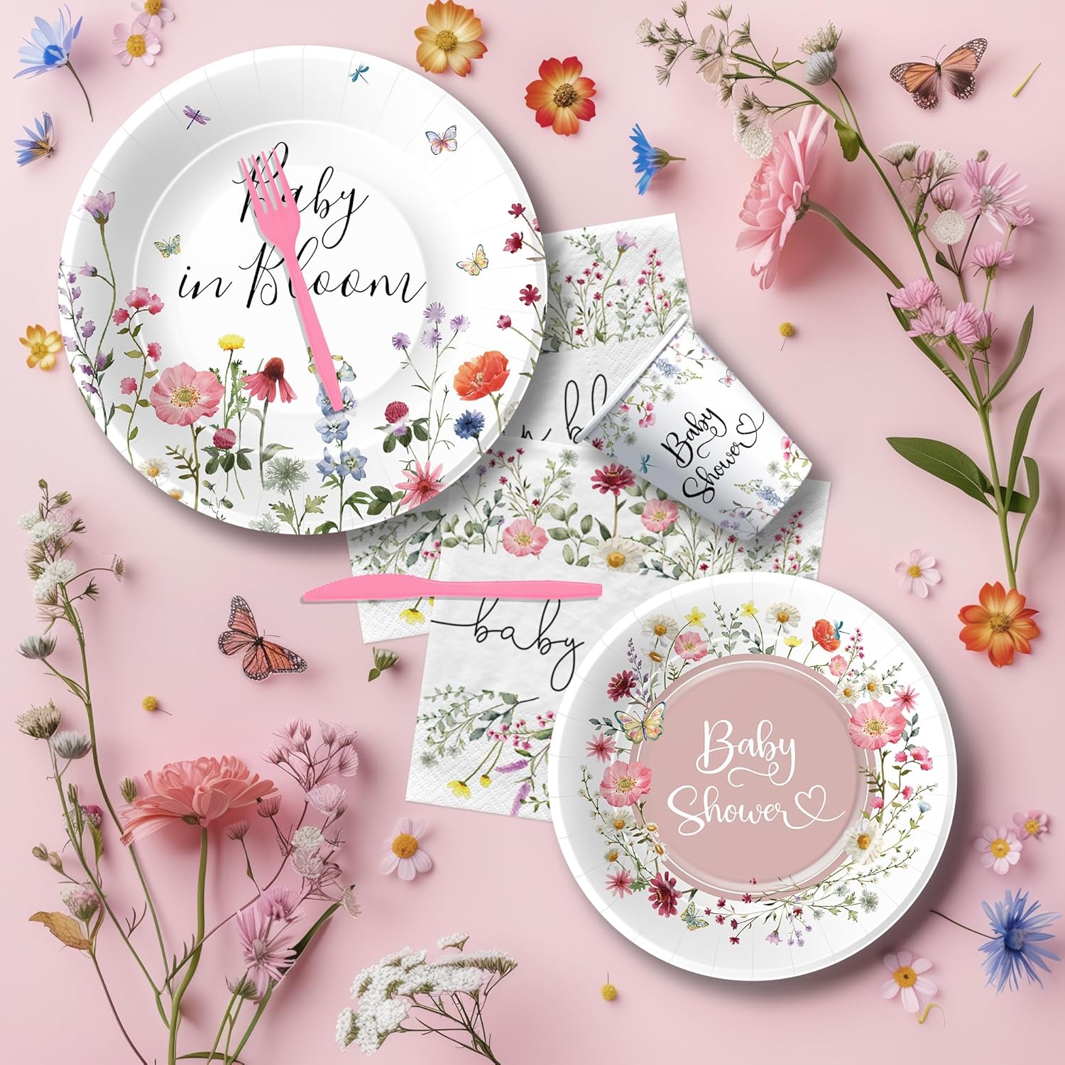 Floral Baby Shower Tableware Set for 24 Guests