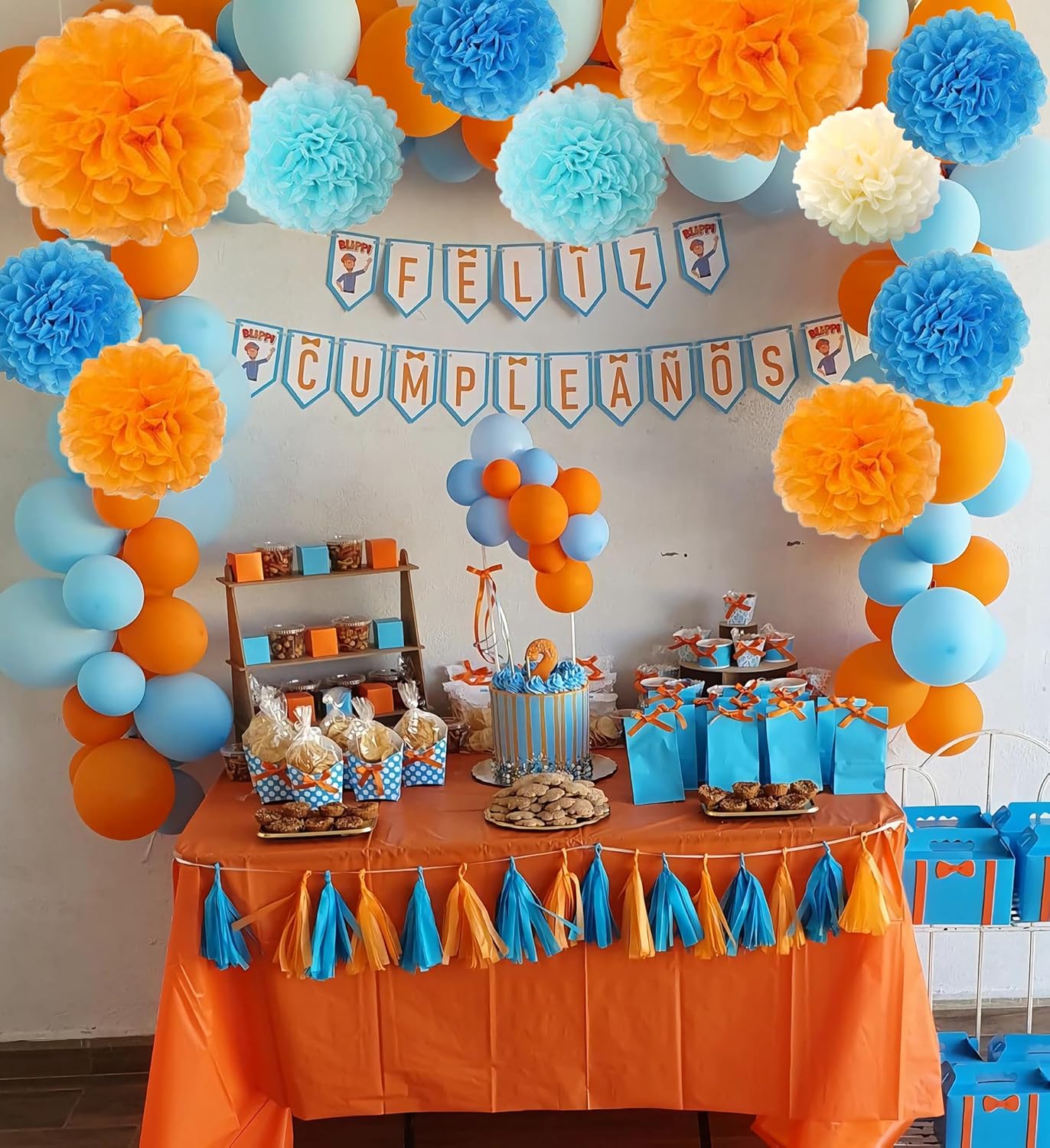 15PCS Blue Orange Party Decorations Tissue Pom Poms
