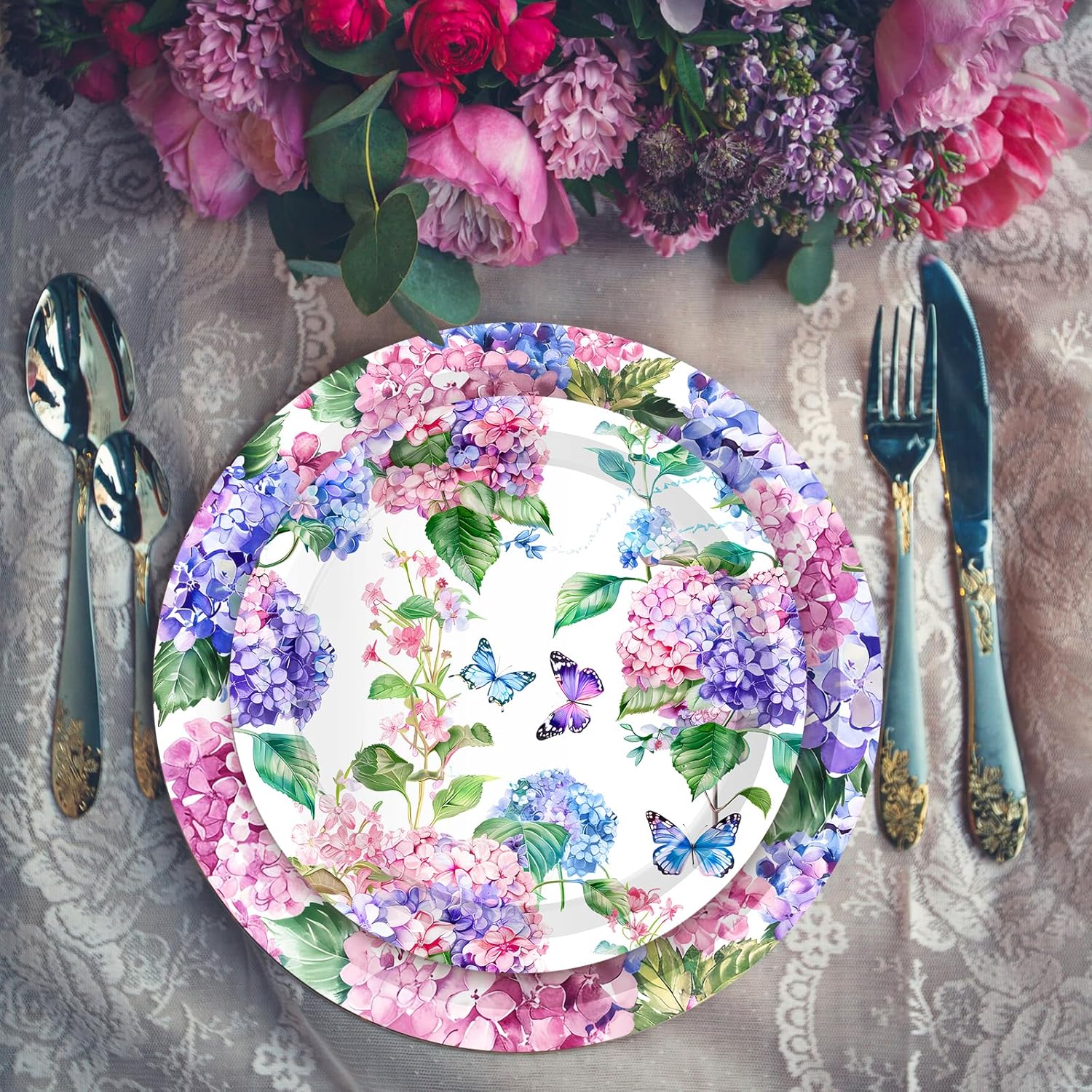 CC HOME Hydrangea Themed Paper Plates Napkins Set 88PCS