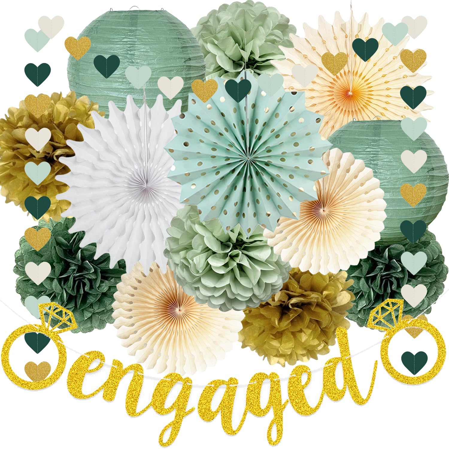 Engagement Party Decor Gold Banner Pom Poms Lanterns Fans Set