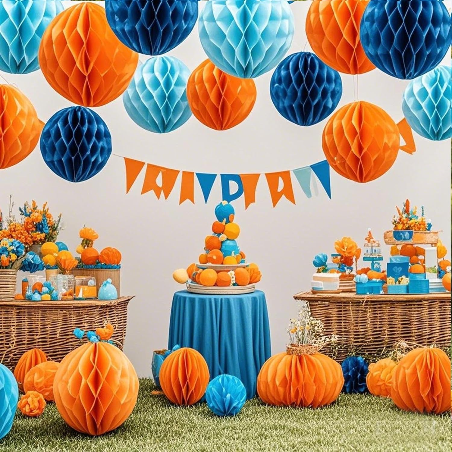 Orange Blue Paper Honeycomb Balls 12 Pack
