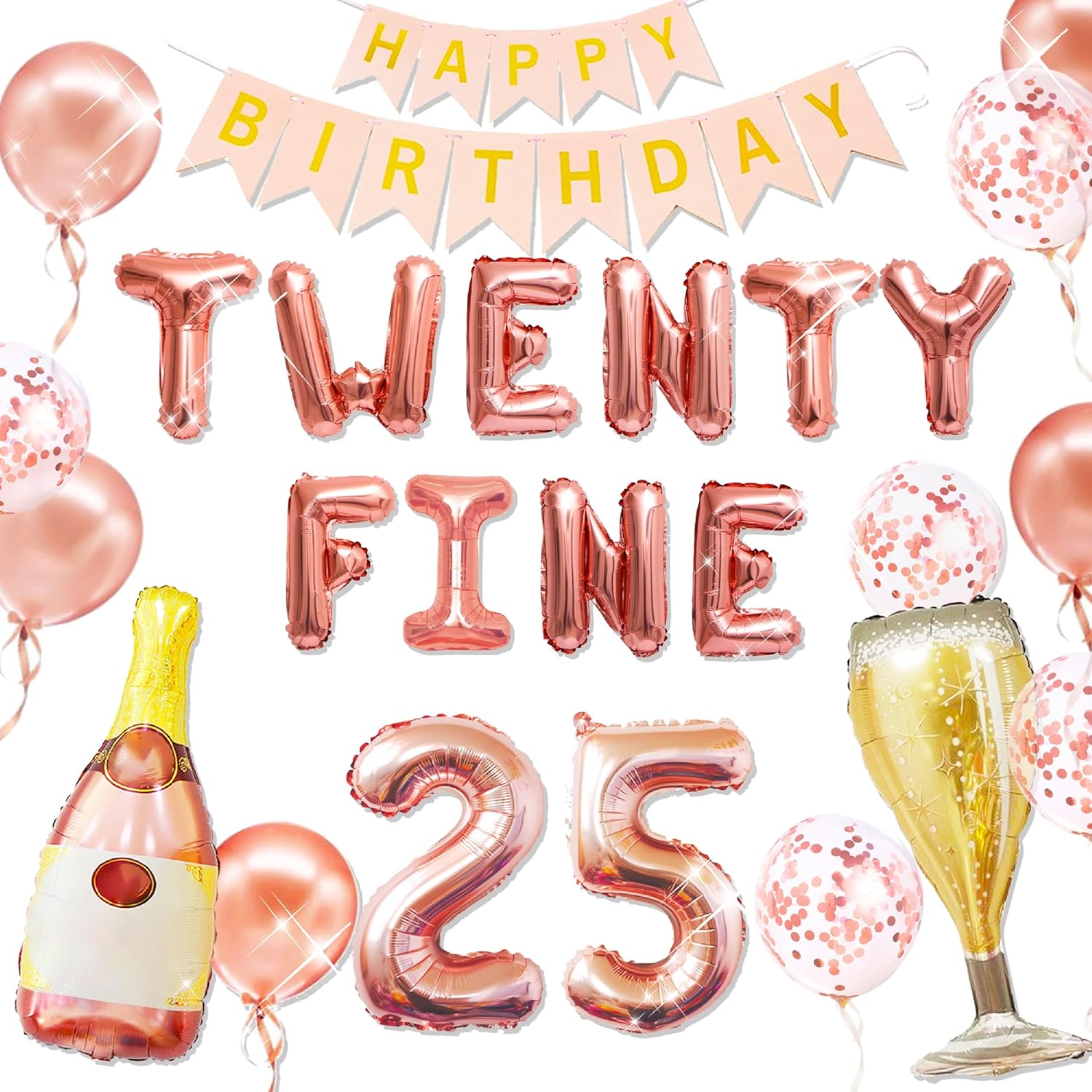 LaVenty Rose Gold 25th Birthday Balloons - Funny Happy Birthday Decoration