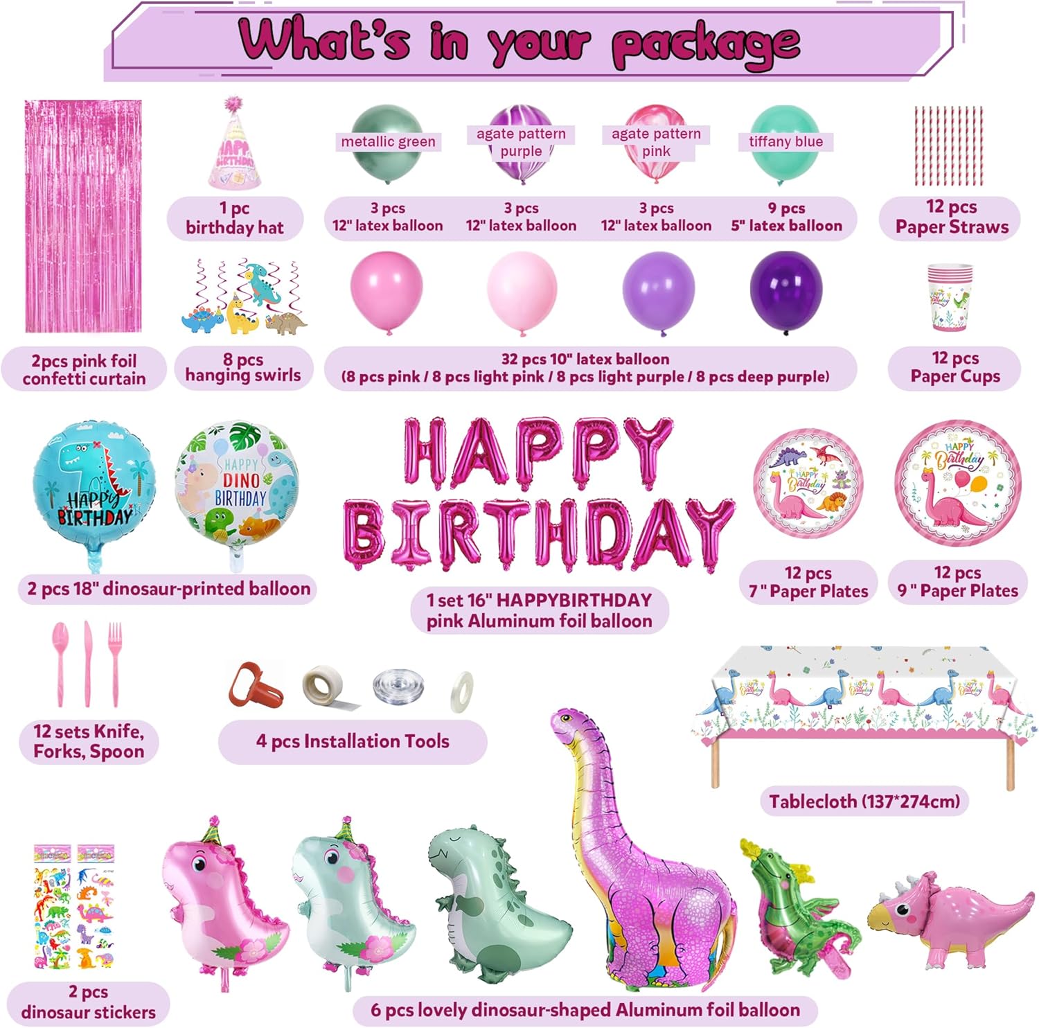 Party Spot 150 pcs Dinosaur Birthday Party Supplies for Girls