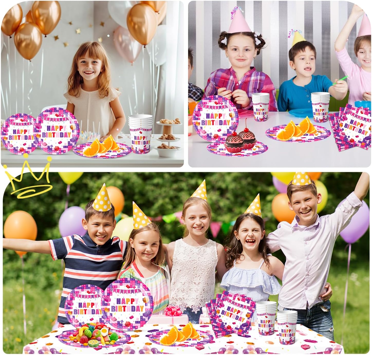 Pink Building Block Birthday Party Set