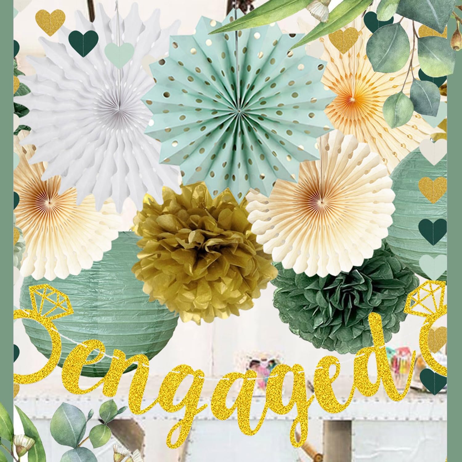 Engagement Party Decor Gold Banner Pom Poms Lanterns Fans Set