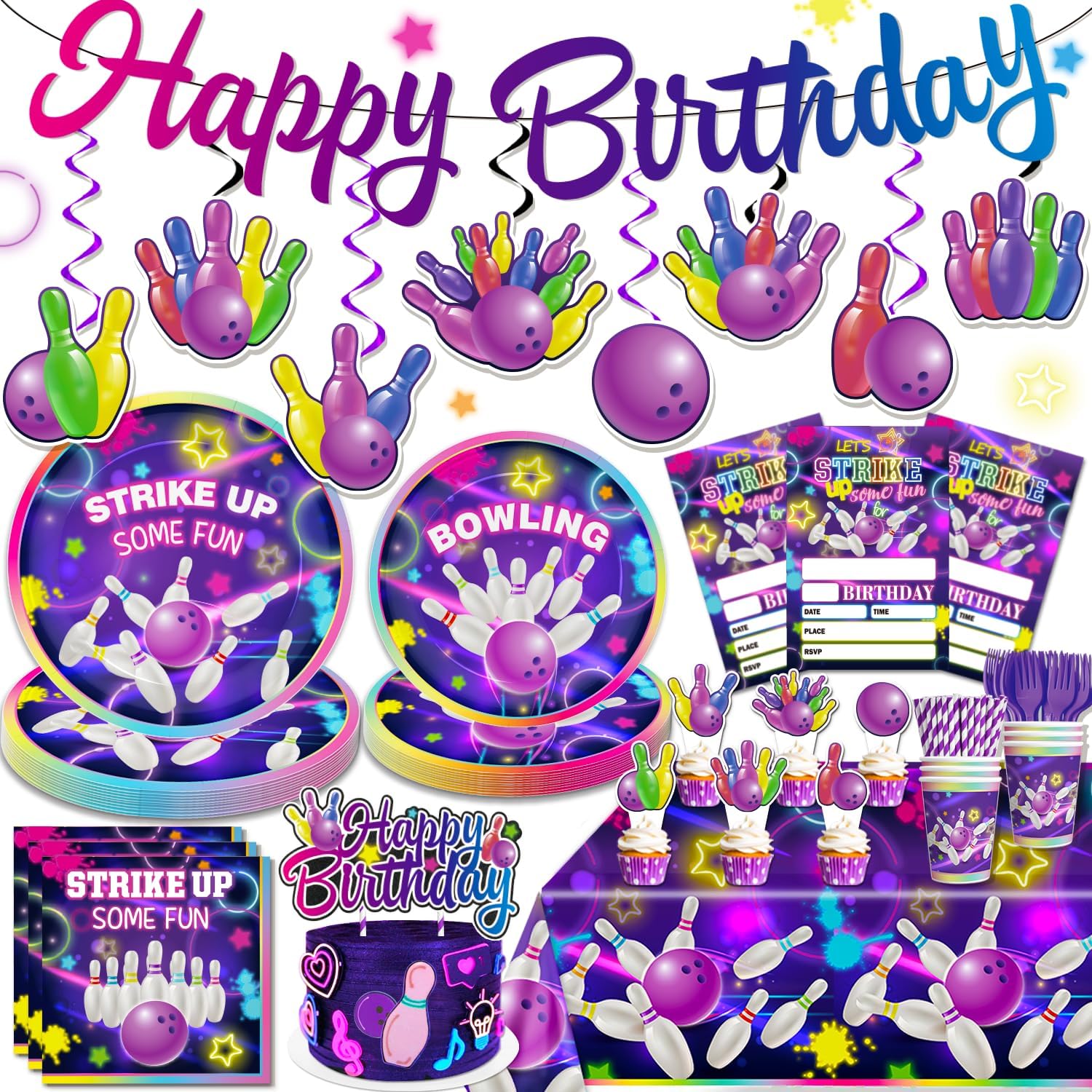 187PCS Bowling Party Decorations Set for 25 Guests