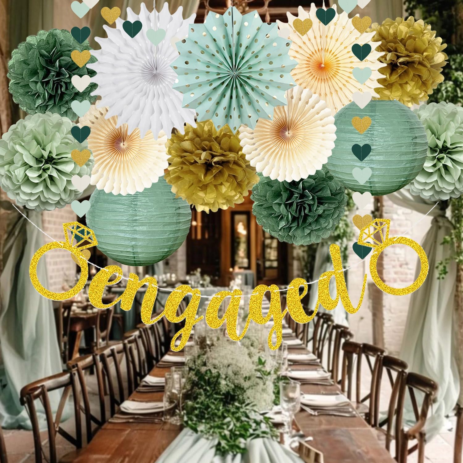 Engagement Party Decor Gold Banner Pom Poms Lanterns Fans Set