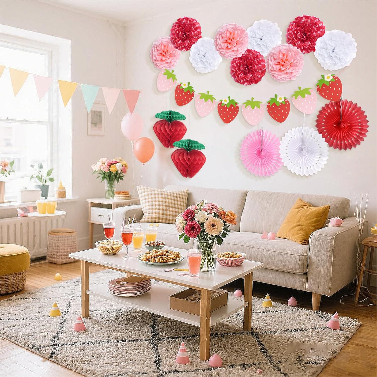 Strawberry Birthday Decorations Pom Poms Fans Honeycomb Balls Garland
