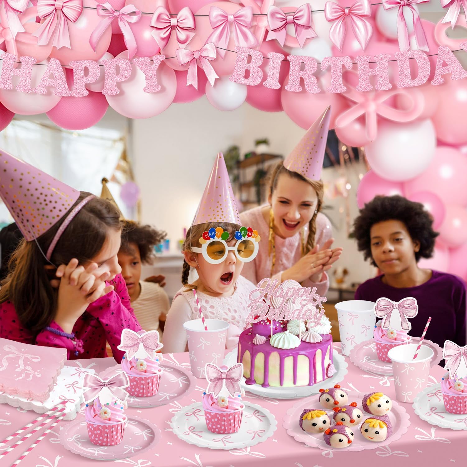 Pink Bow Birthday Decorations for 24 Guests