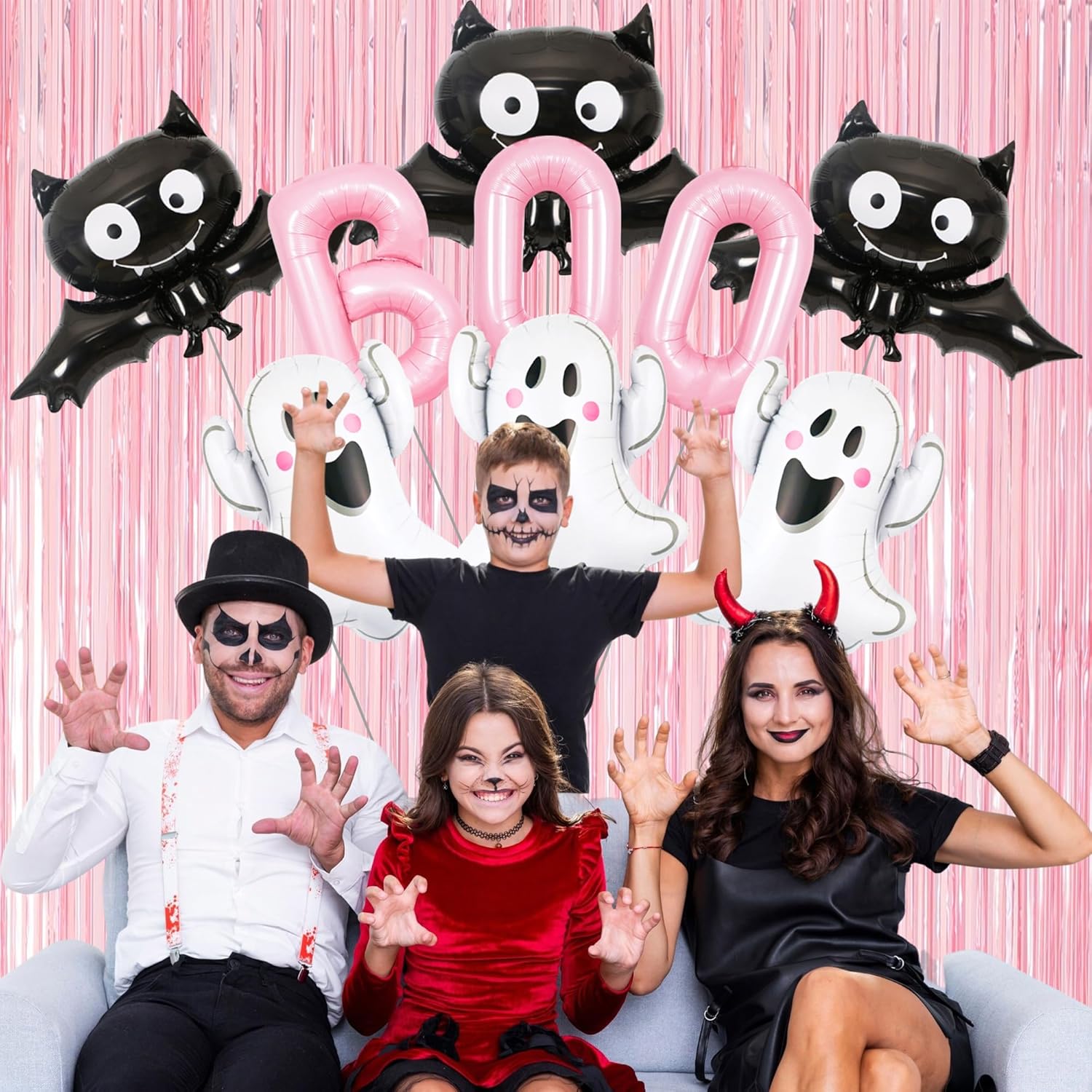 Halloween Party Balloons with Pink Fringe Curtain Set