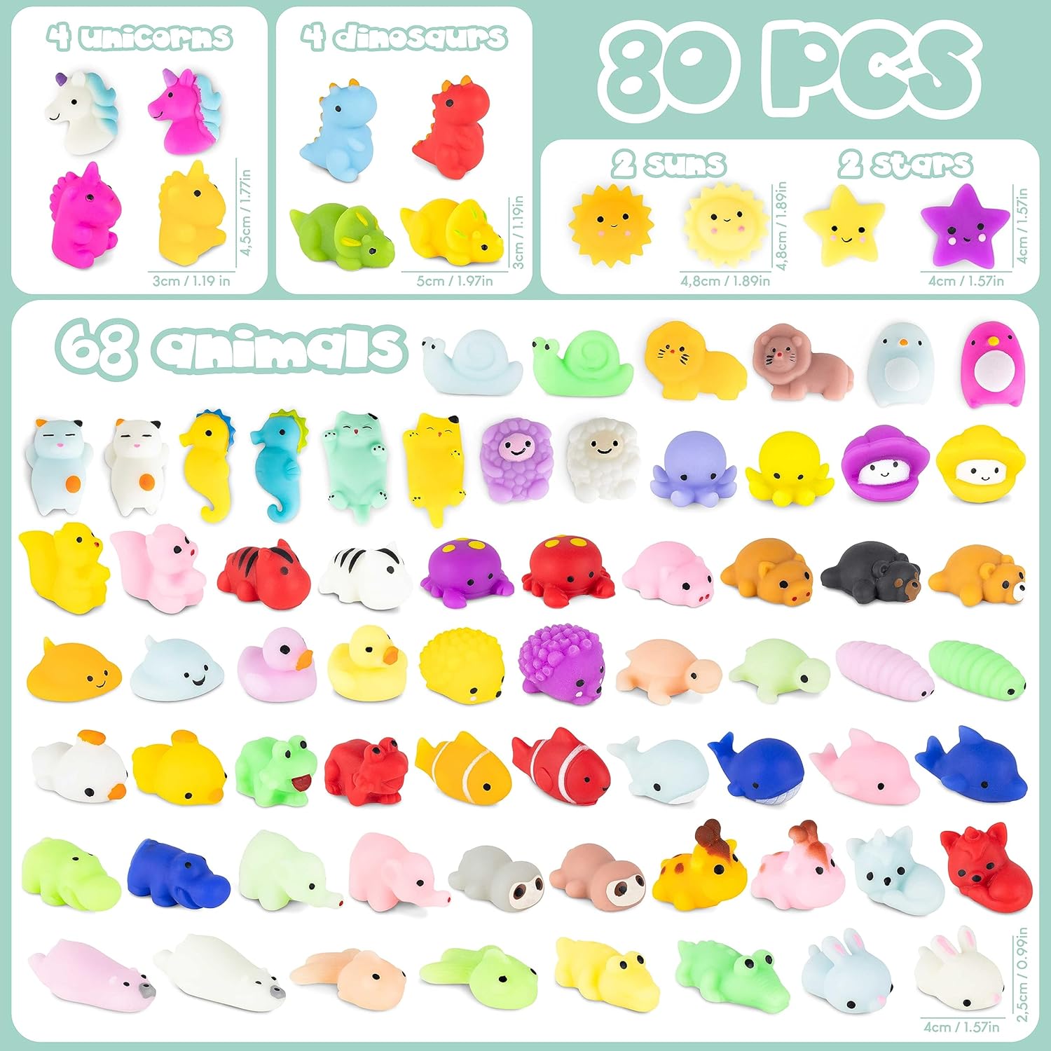 80 Piece Mochi Squishy Toy Pack for Kids Party Favors - BONNYCO
