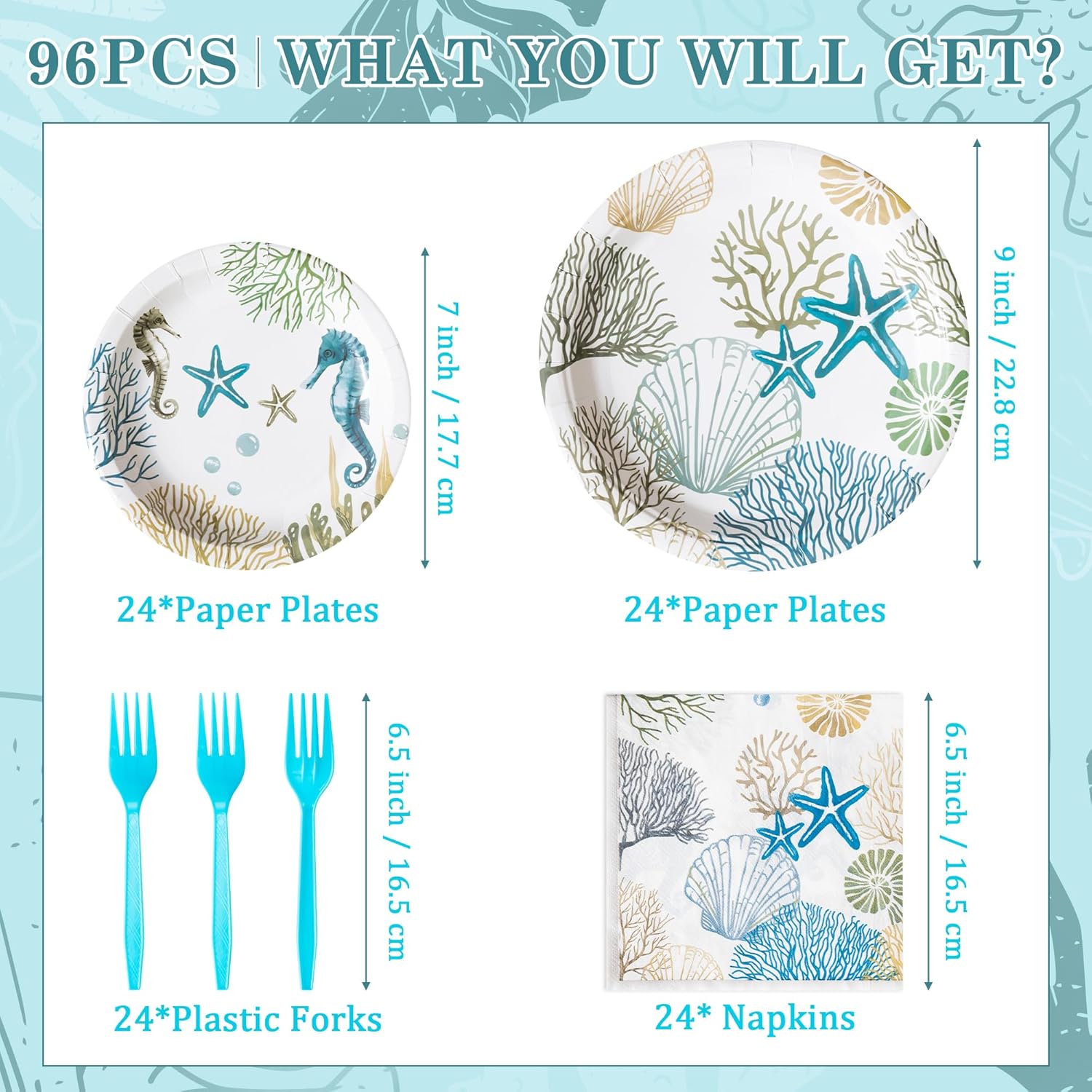 96Pcs Ocean Seashell Themed Party Plates for 24 Guests