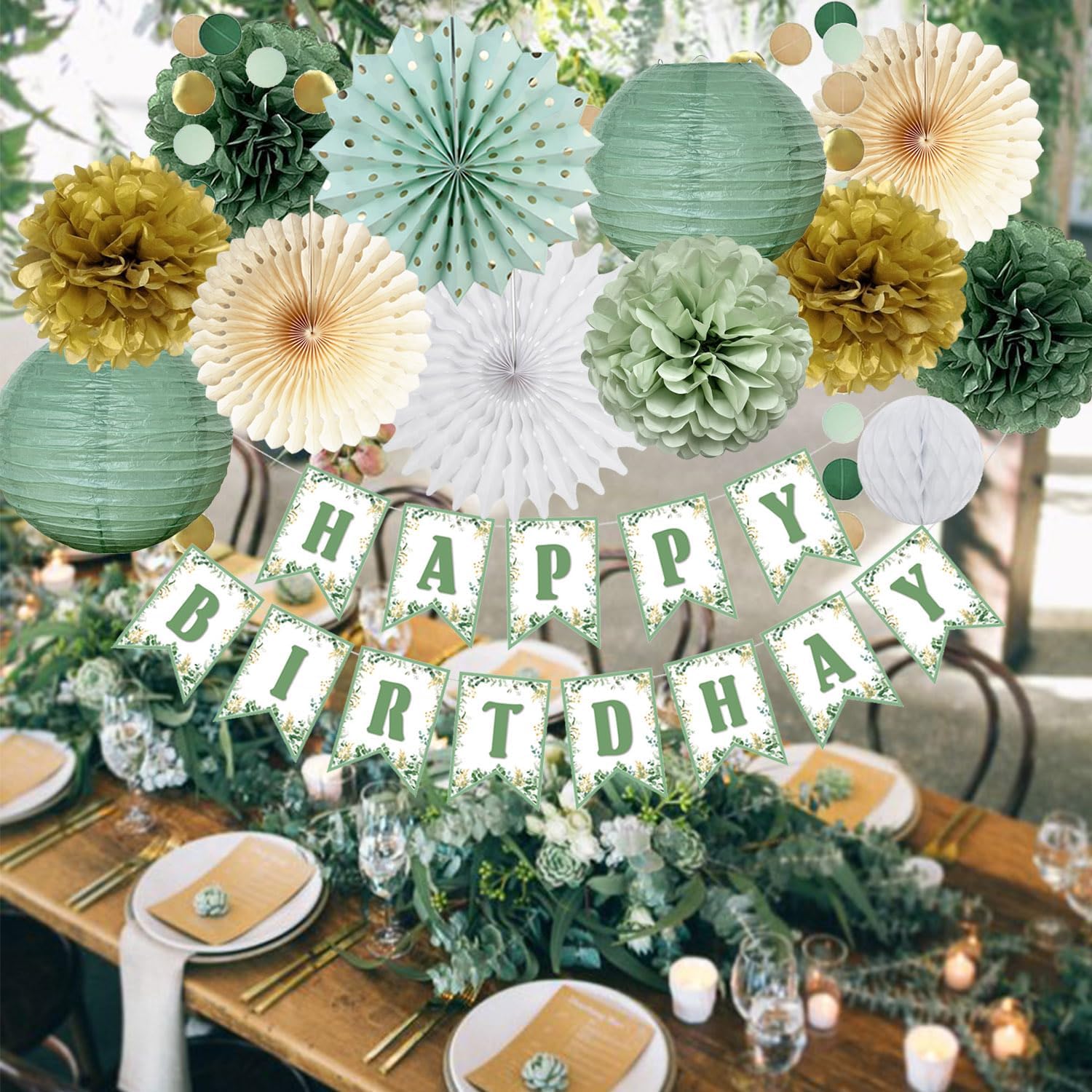 Sage Green Gold Birthday Party Decorations Set