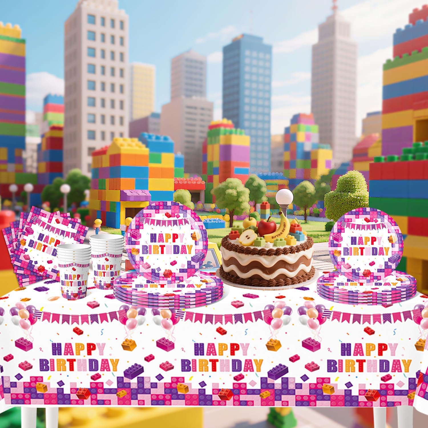 Pink Building Block Birthday Party Set