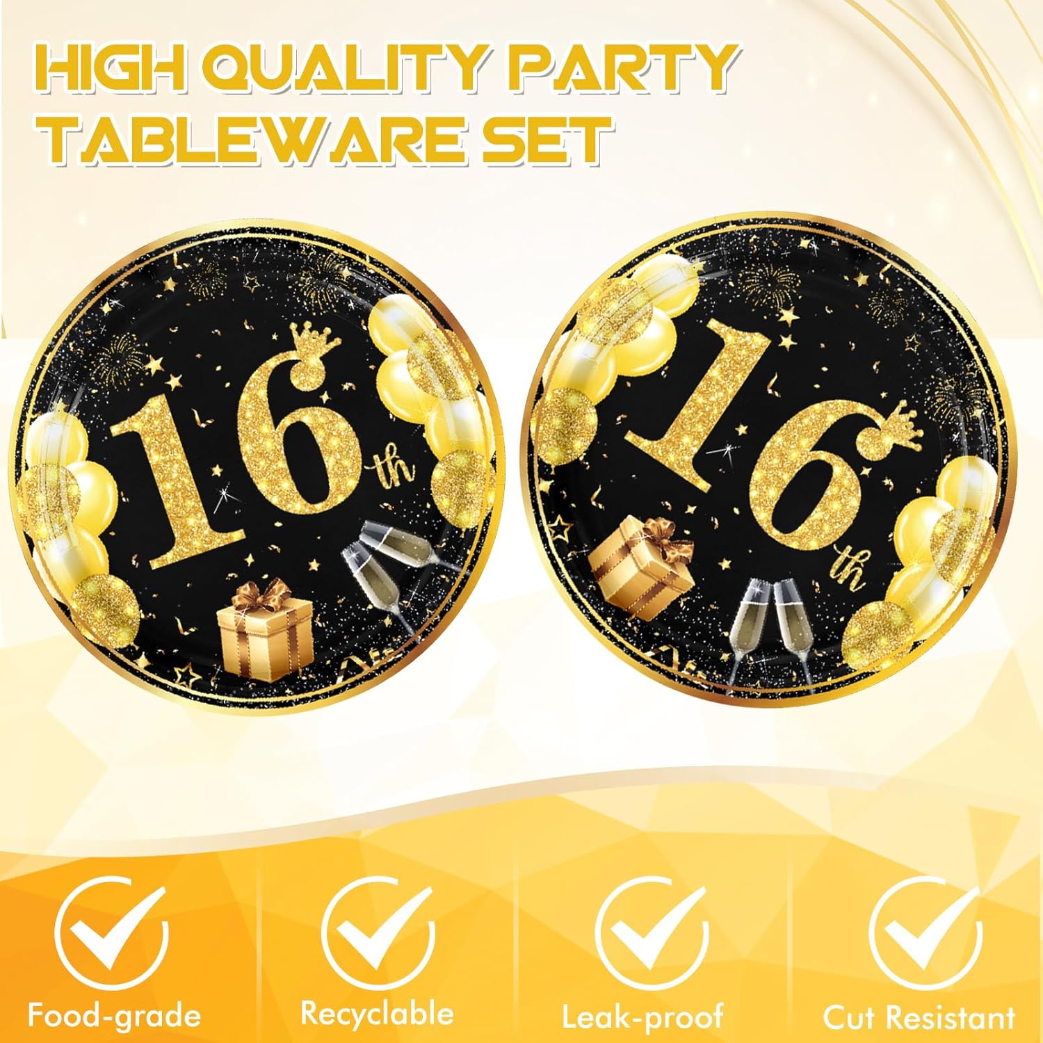 40PCS Black Gold 16th Birthday Party Decorations