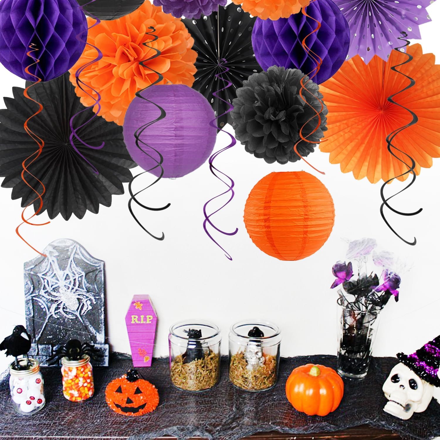 Black Purple Orange Halloween Birthday Decorations - 21pcs Party Kit