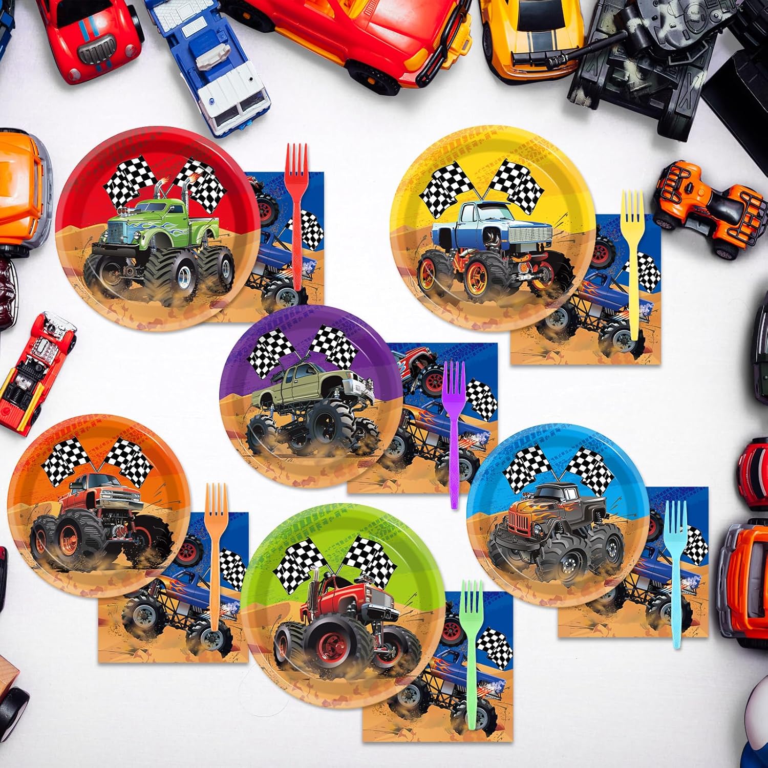 96Pcs Monster Truck Party Plates Napkins Forks for Kids
