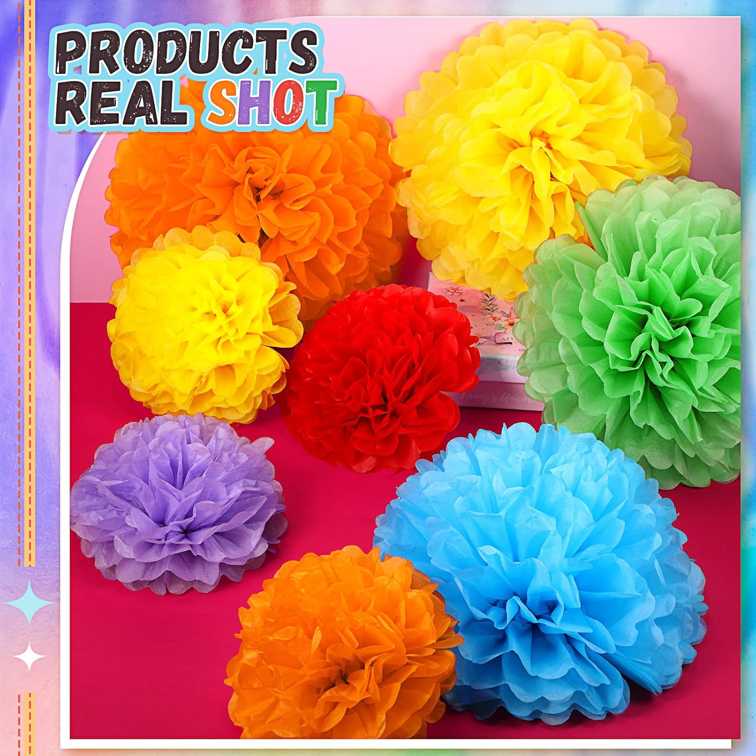 Estune 48 Pcs Tissue Paper Pom Poms Rainbow Decorations