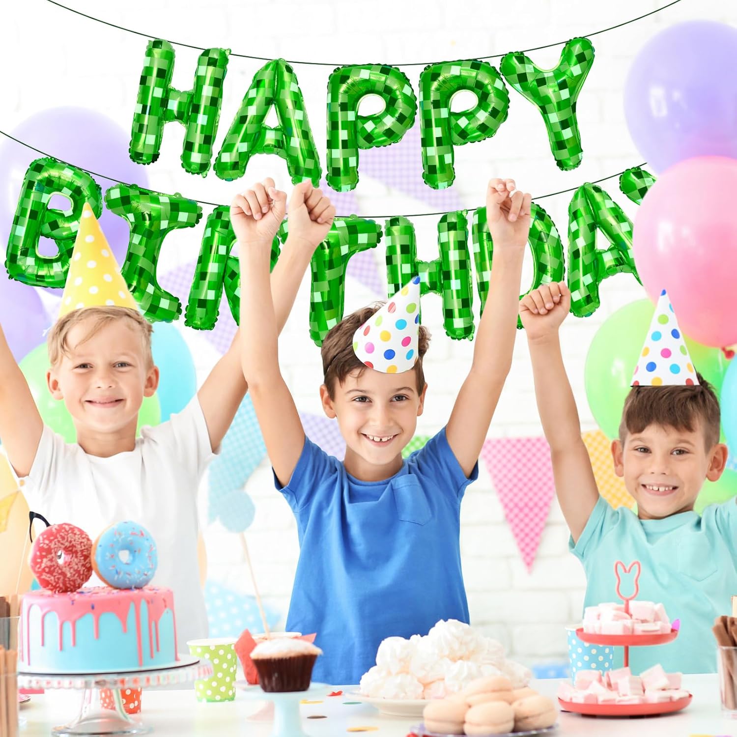 Green Pixel Birthday Banner Decorations Kit