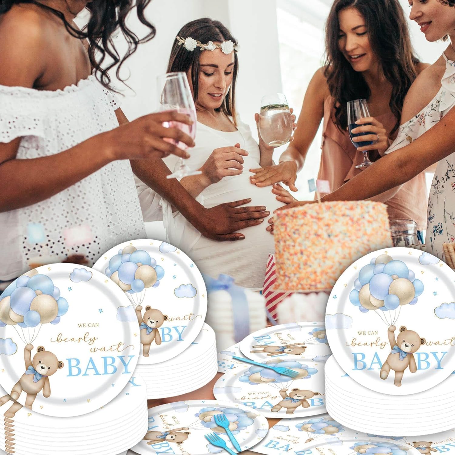 96 Pcs Bear Baby Shower Plates and Napkins Set