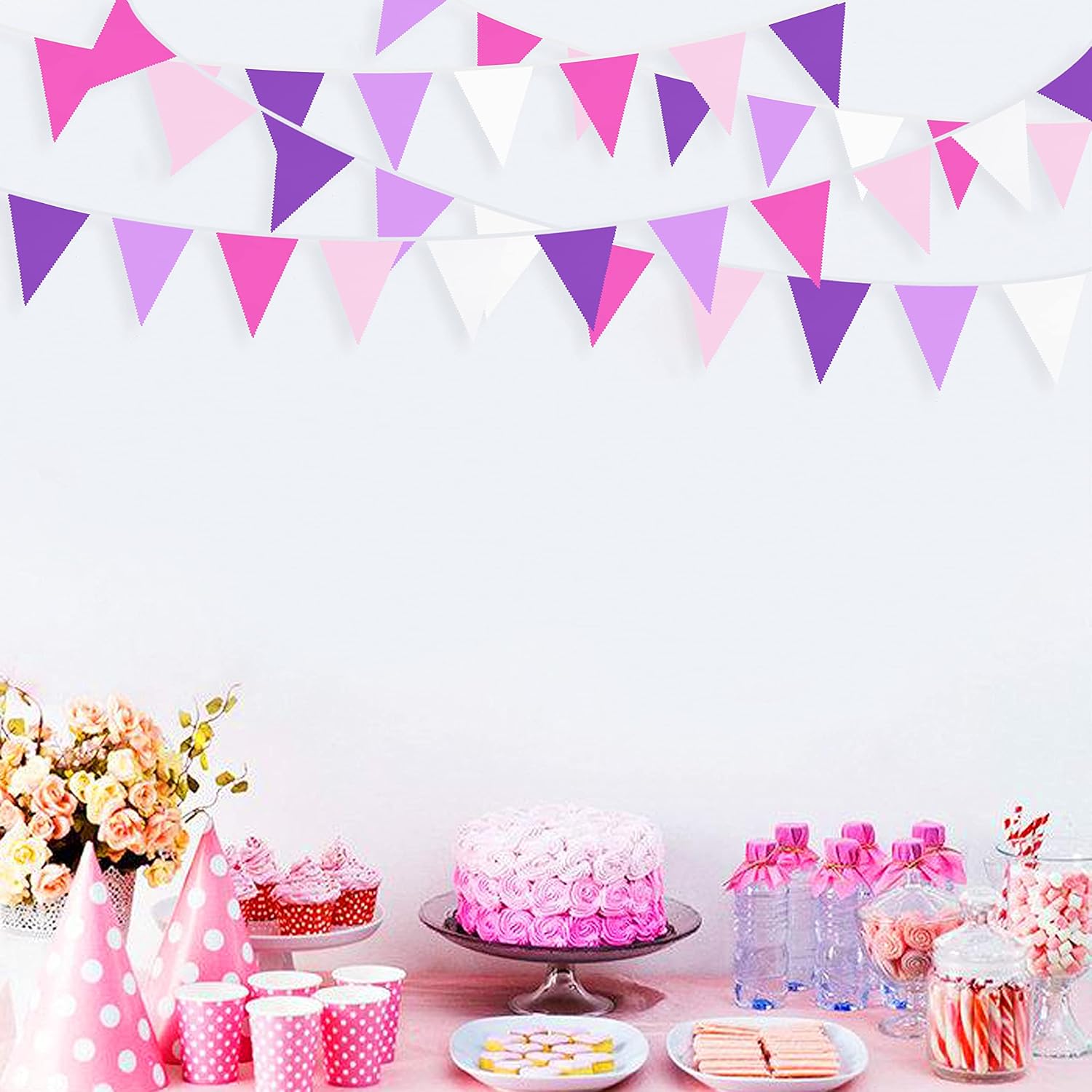 10M Rose Pink Purple White Pennant Banner Garland for Parties and Events