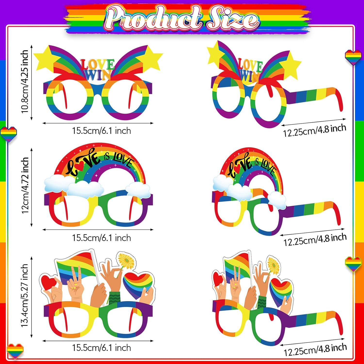 Pasimy Rainbow Pride Party Glasses Photo Booth Props Set of 32