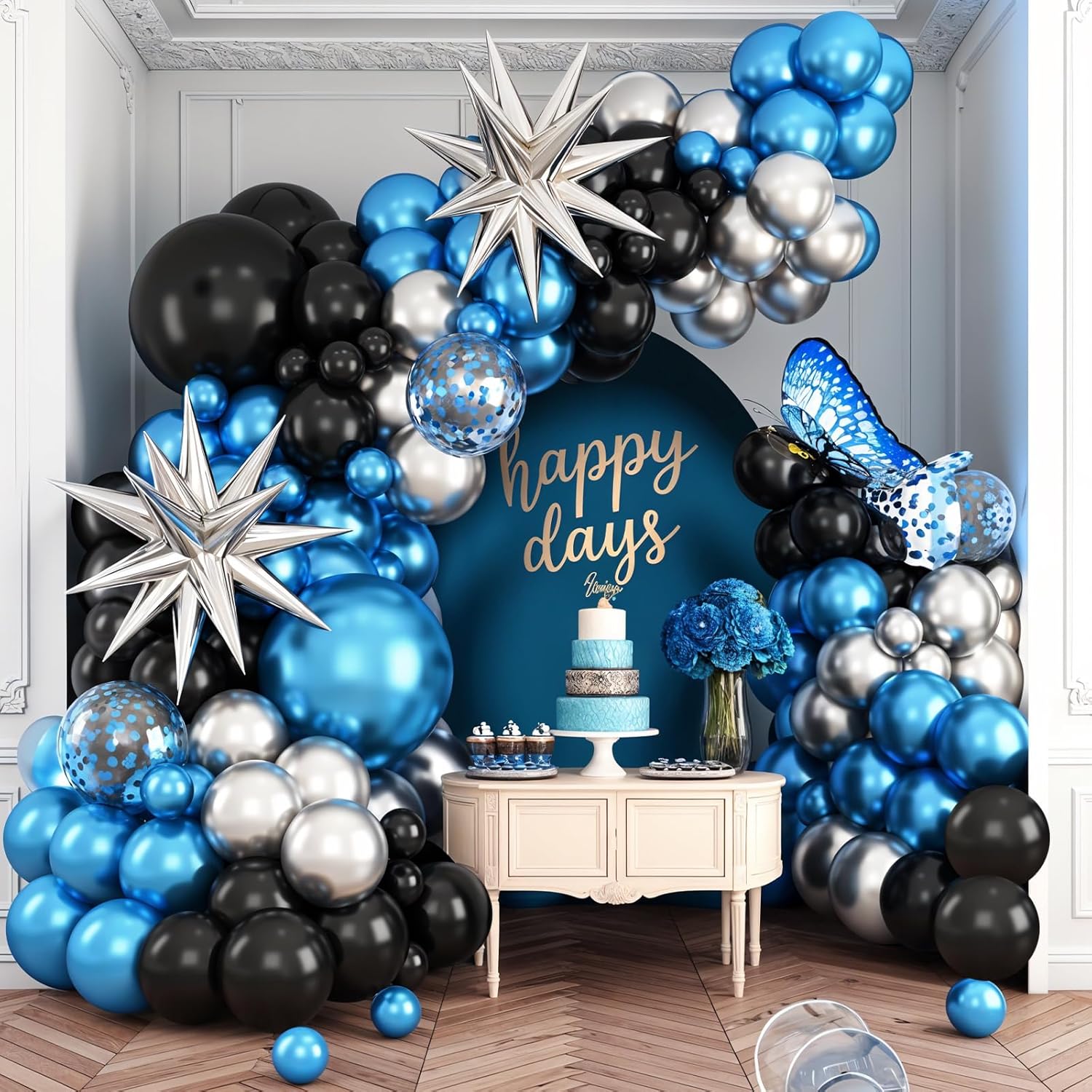 Blue Silver Black Balloon Arch Kit for Party Decorations