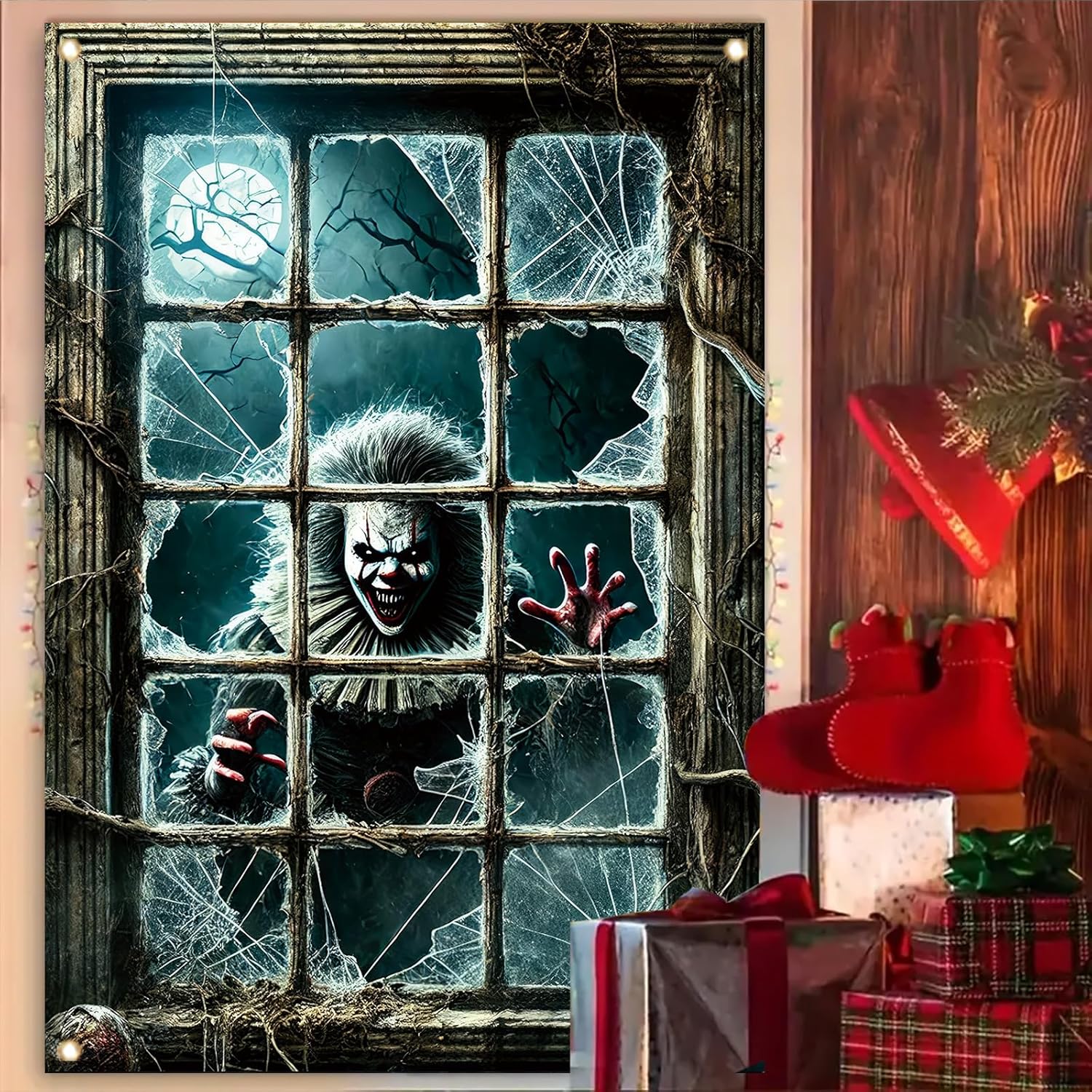 Spooky Halloween Clown Window Decor Backdrop