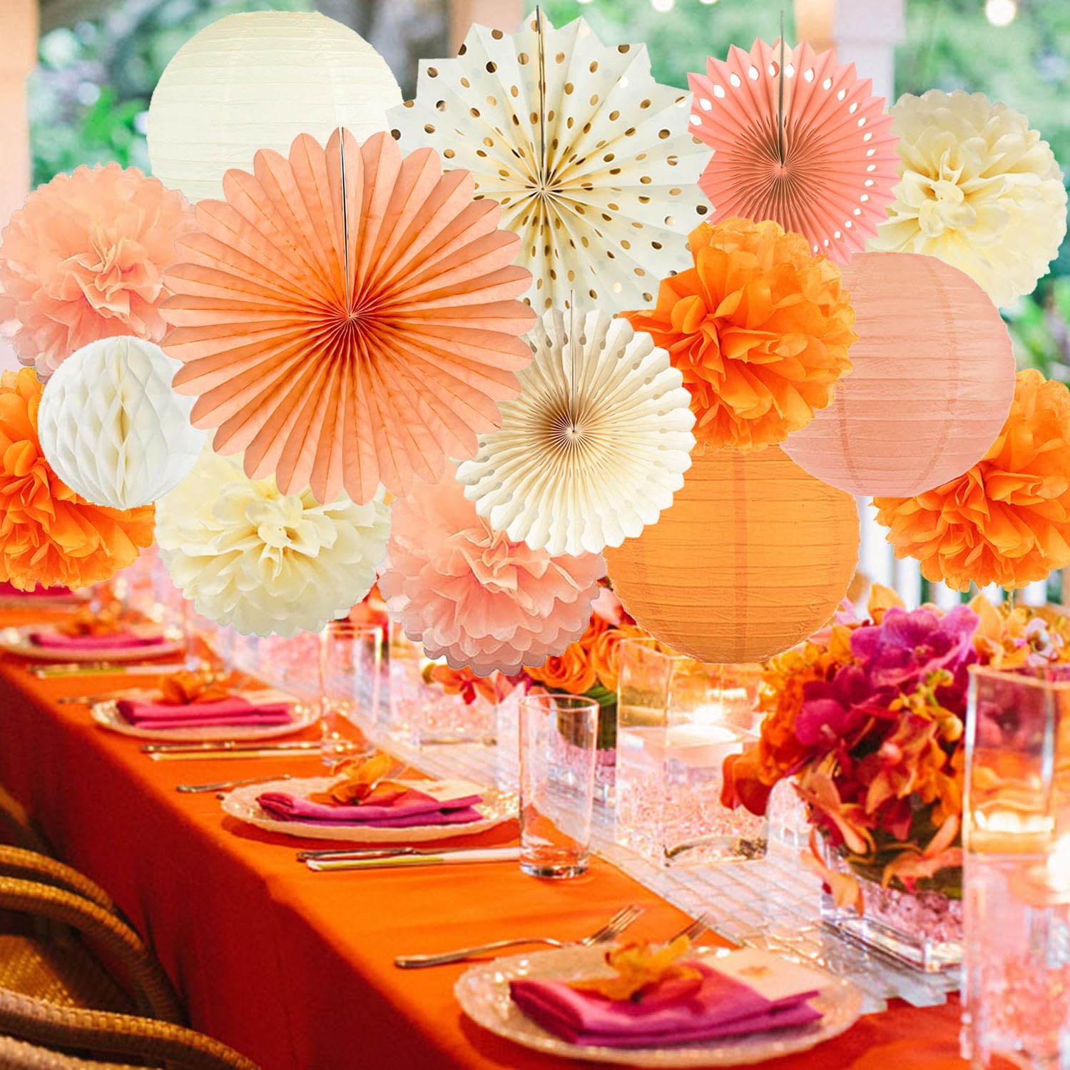 Fall Boho Party Decorations Paper Lanterns Pom Poms Fans Set