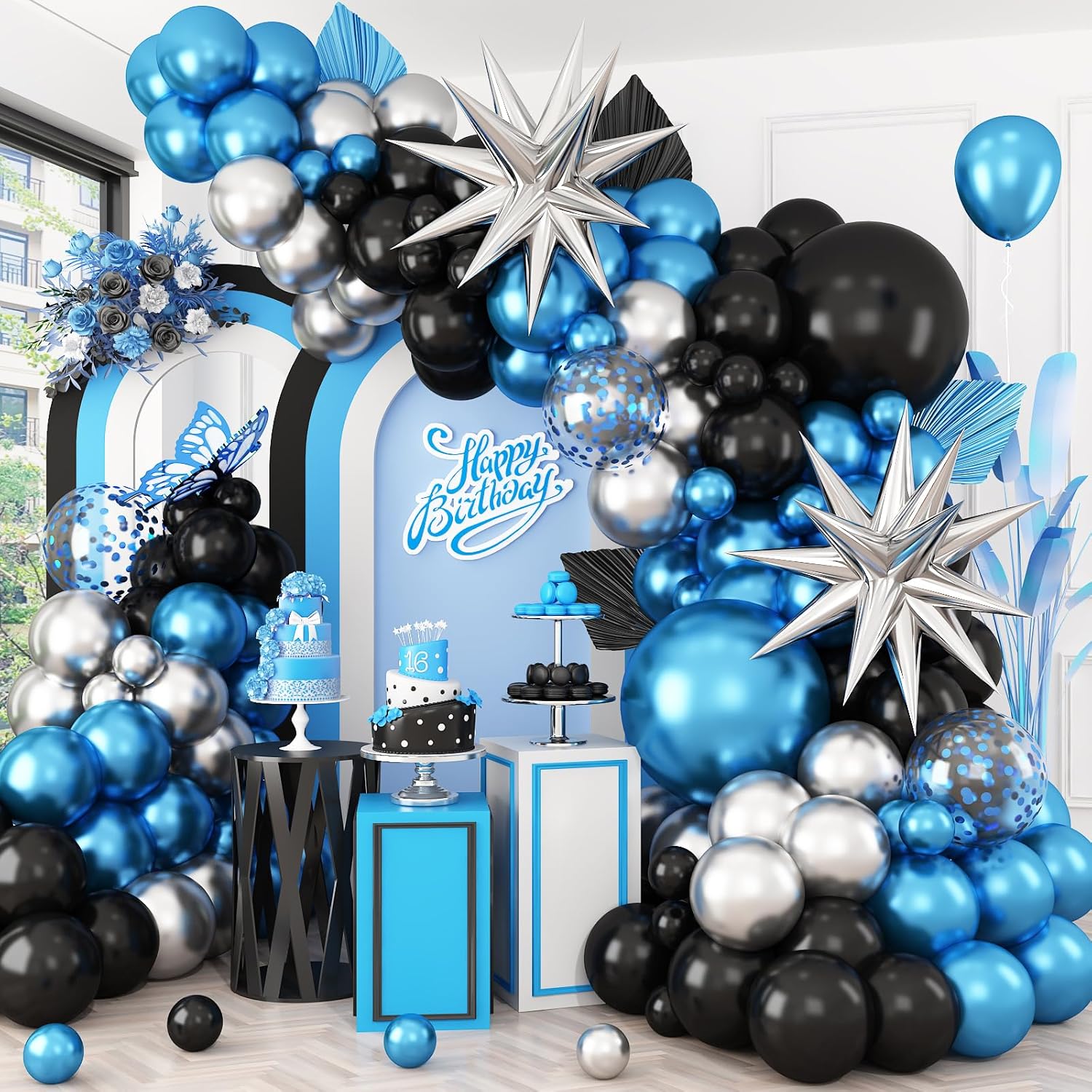 Blue Silver Black Balloon Arch Kit for Party Decorations