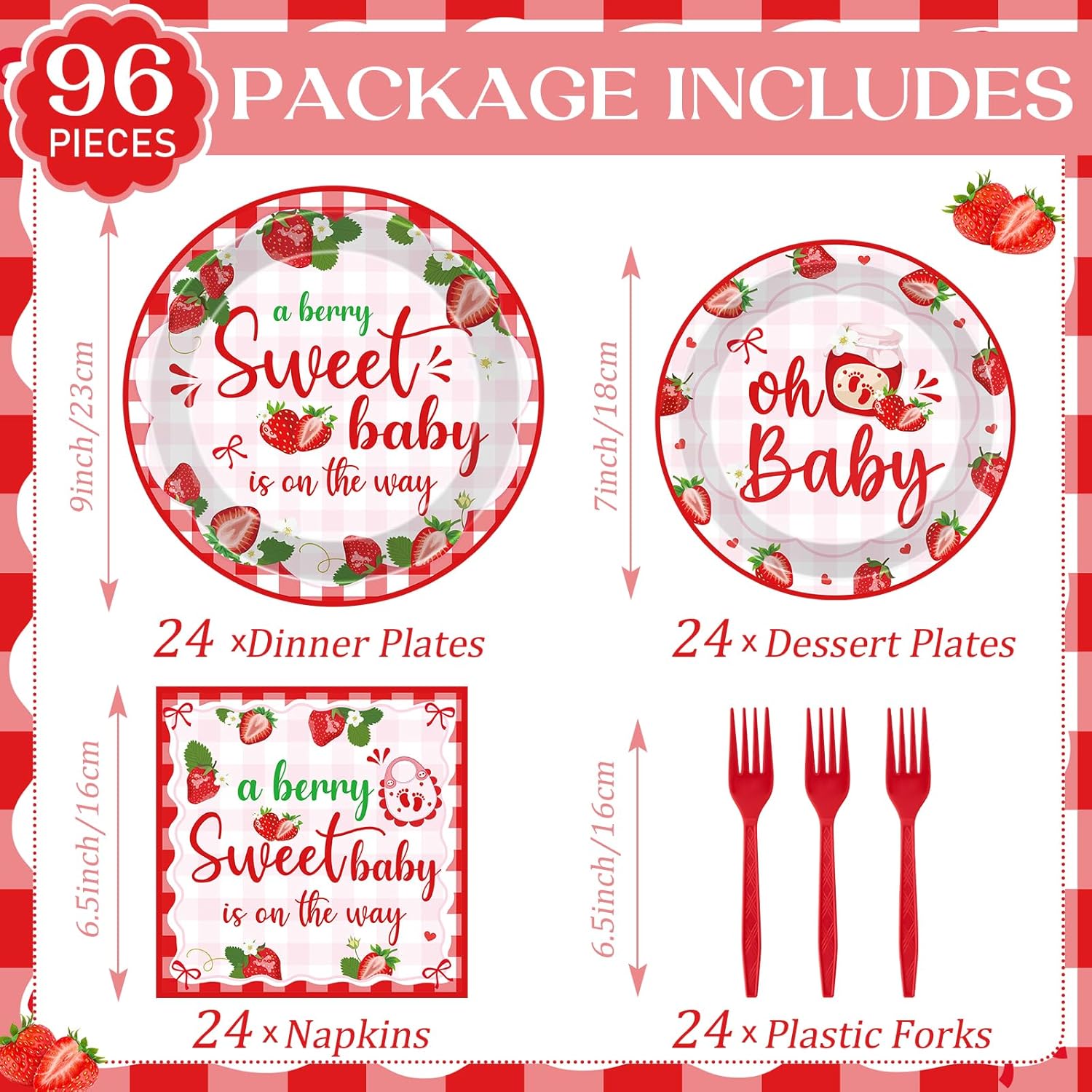 Strawberry Baby Shower 96 Pcs Decorations for 24 Guests