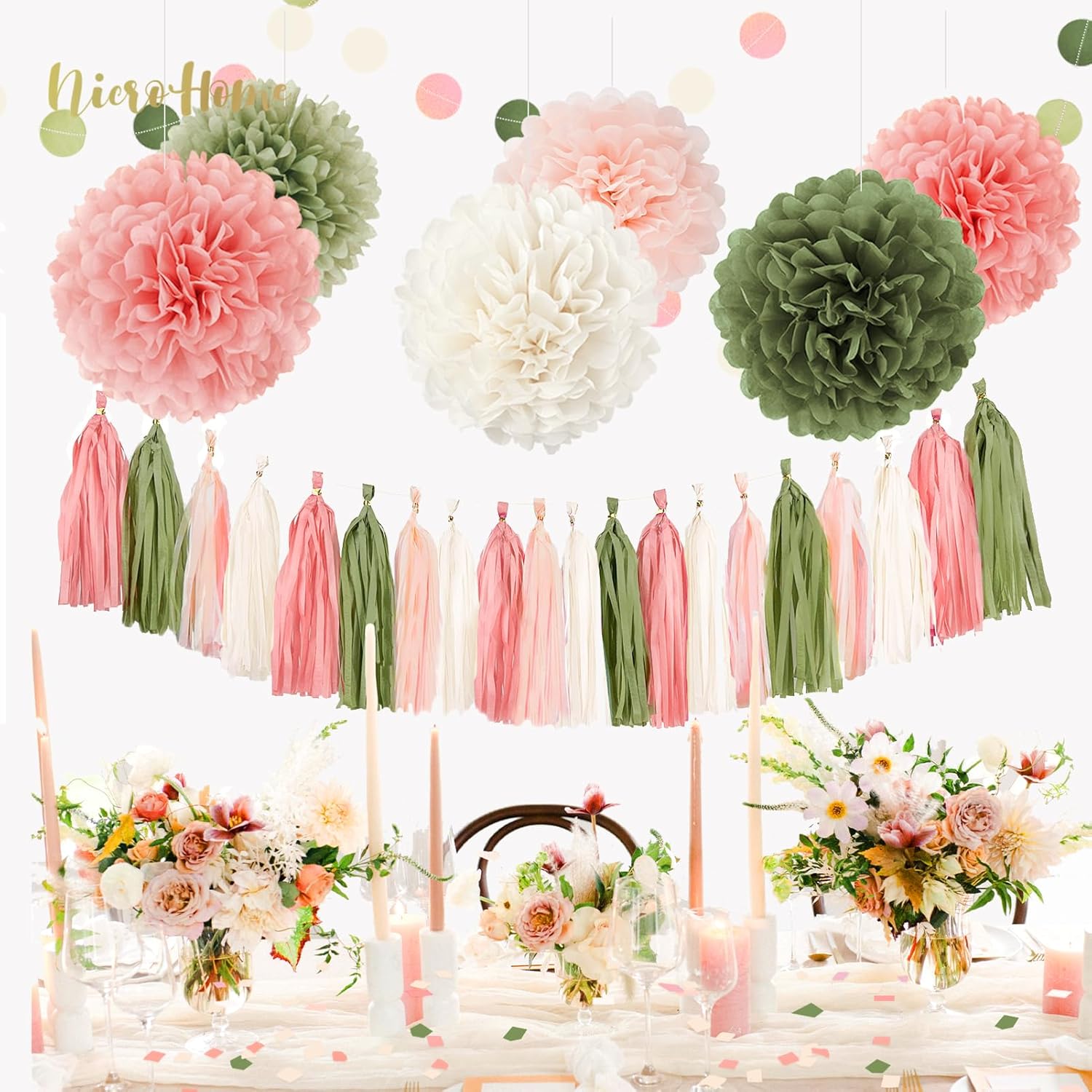 Pink Sage Green Tissue Paper Pom Poms Decor Kit