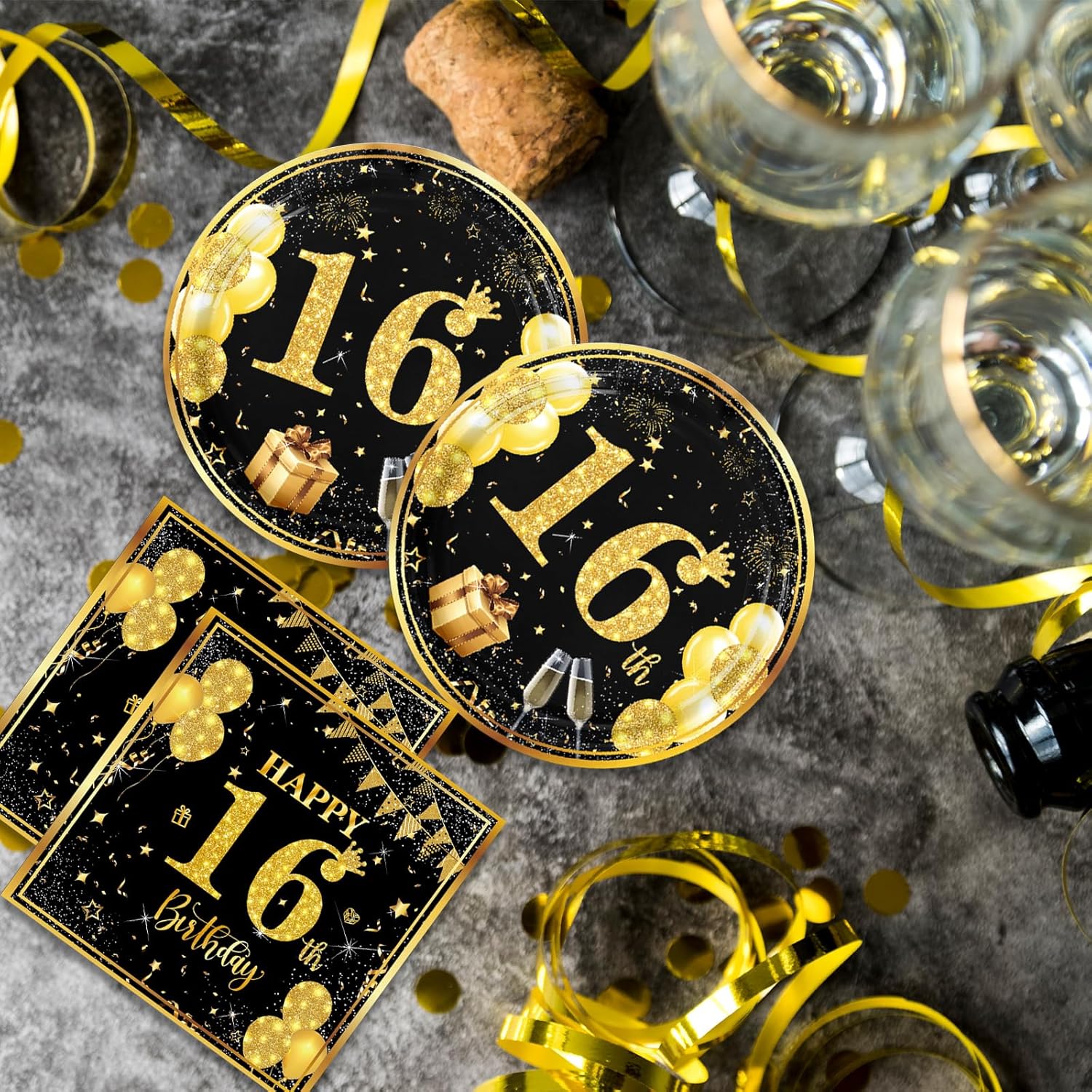 40PCS Black Gold 16th Birthday Party Decorations