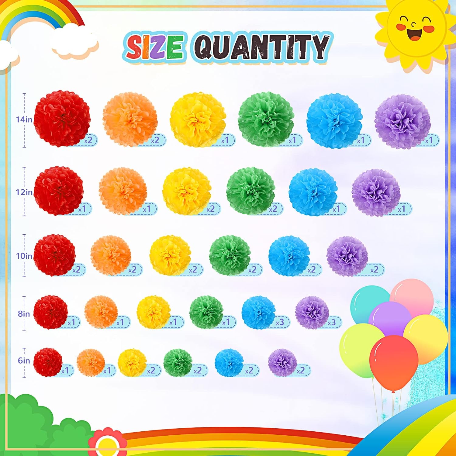 Estune 48 Pcs Tissue Paper Pom Poms Rainbow Decorations