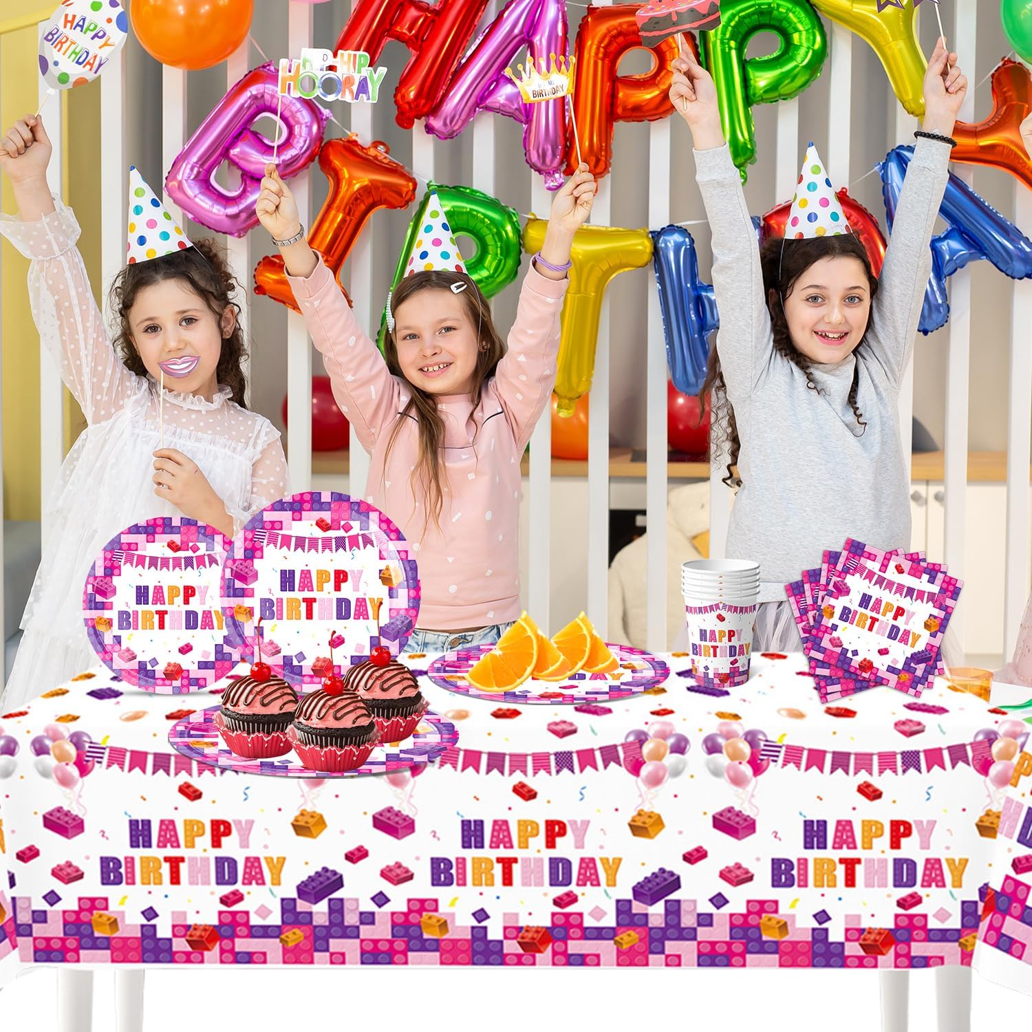 Pink Building Block Birthday Party Set