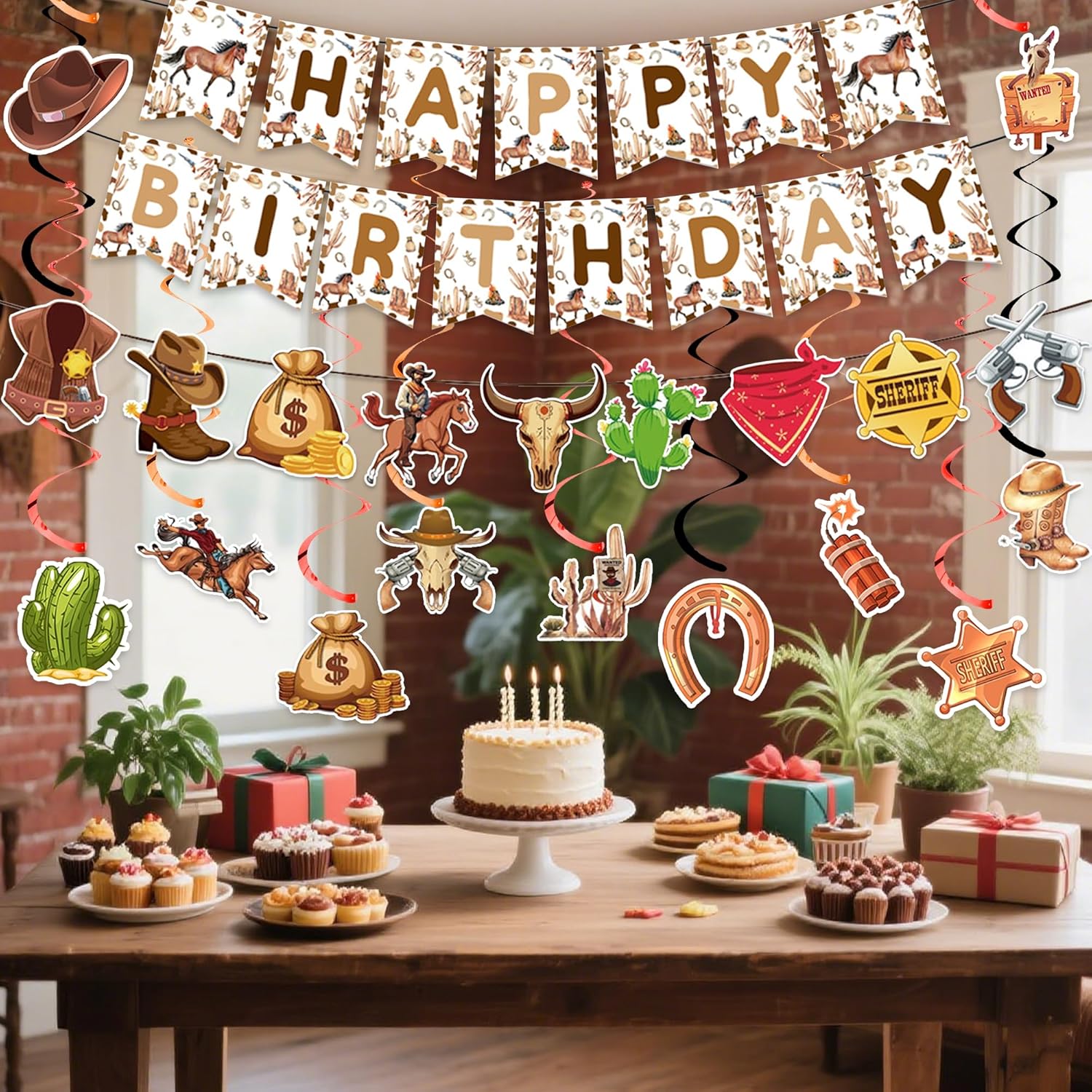 Western Cowboy Birthday Decorations Banner Garland Hanging Swirls