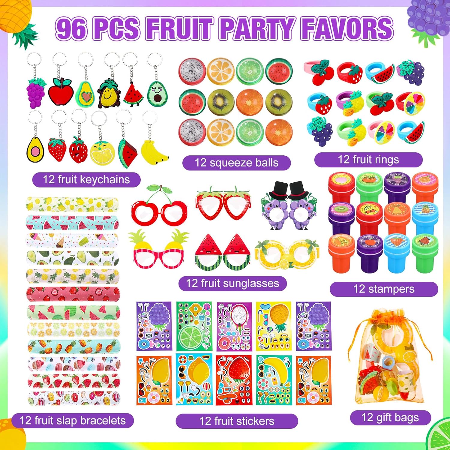 Blosssound 96 Pcs Summer Fruit Party Favors Set