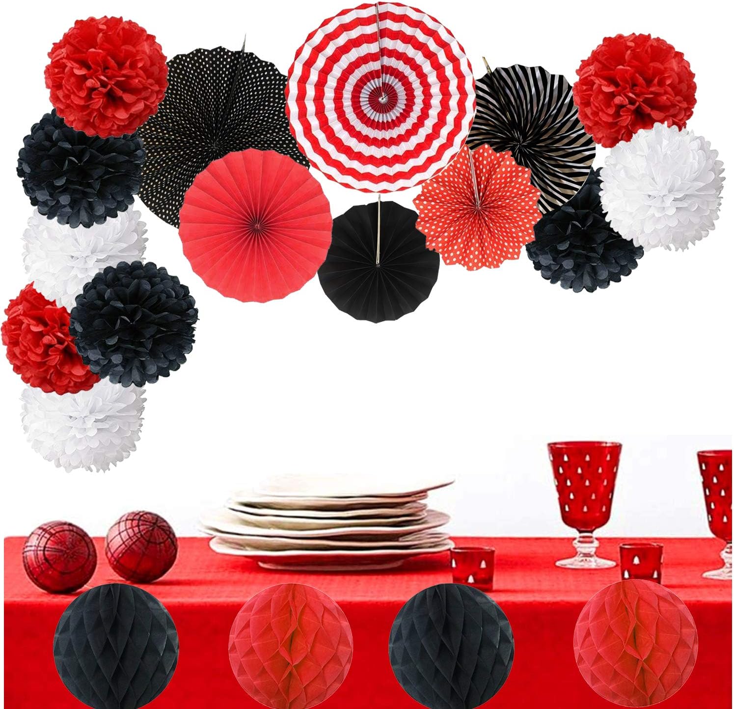 Hanging Paper Fan Set with Pom Poms and Honeycomb Balls