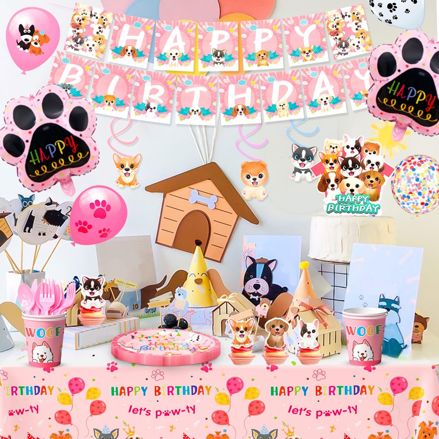 Pink Puppy Birthday Decorations Set for 16 Guests