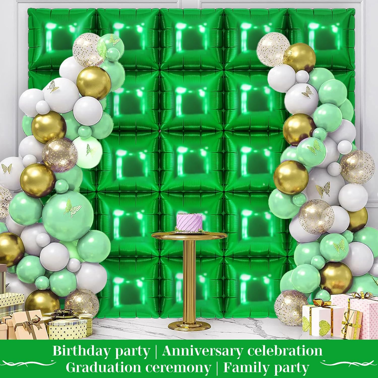 Green Square Foil Balloons 25 Pcs Double Sided Wall Decor