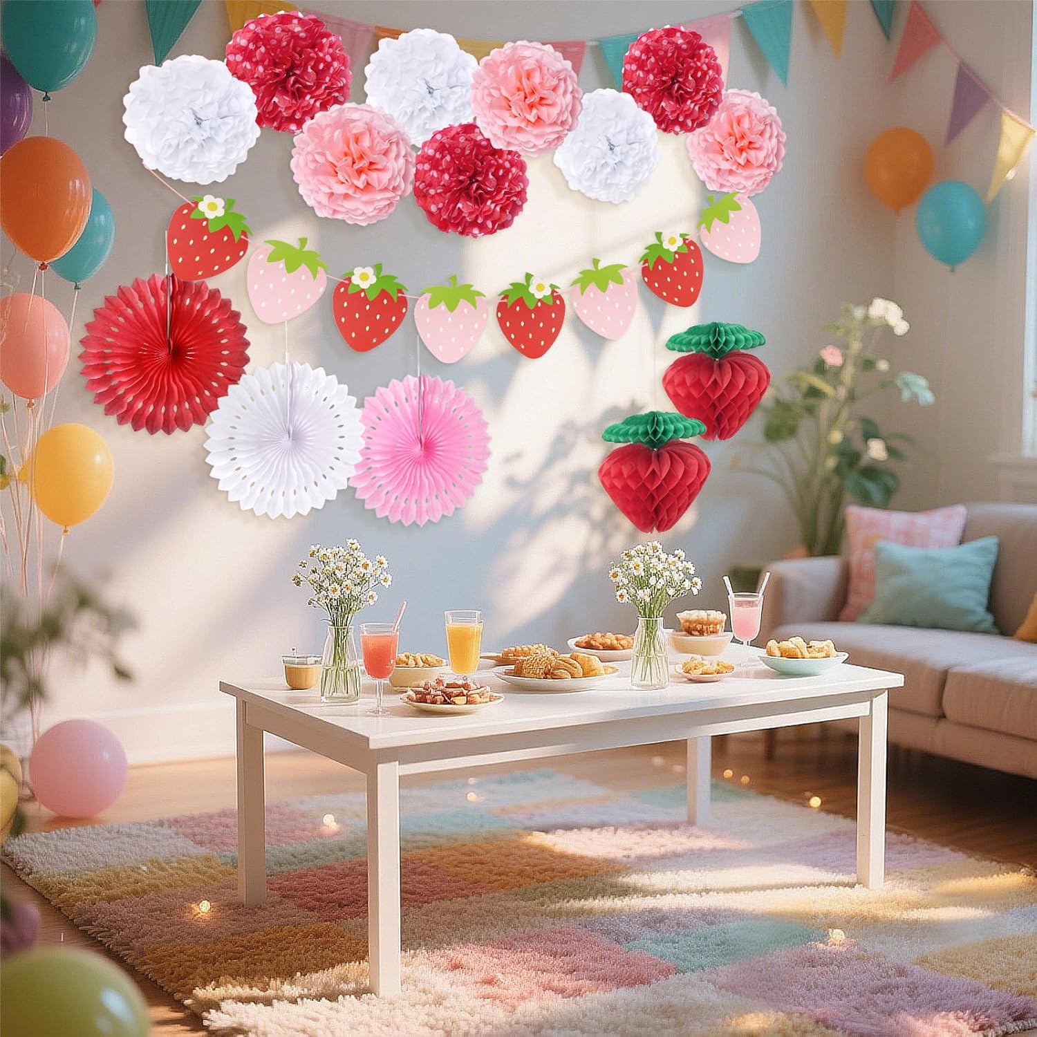 Strawberry Birthday Decorations Pom Poms Fans Honeycomb Balls Garland