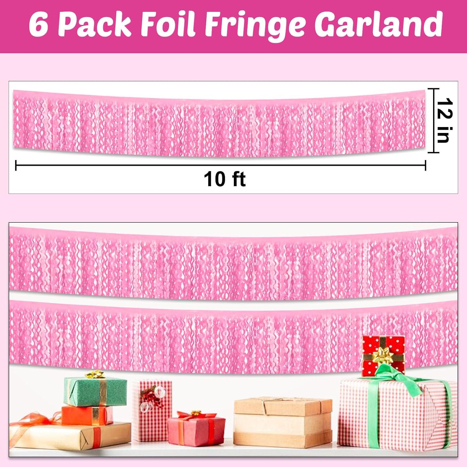 6 Pack 10 Feet Macaron Pink Wave Foil Fringe Garland