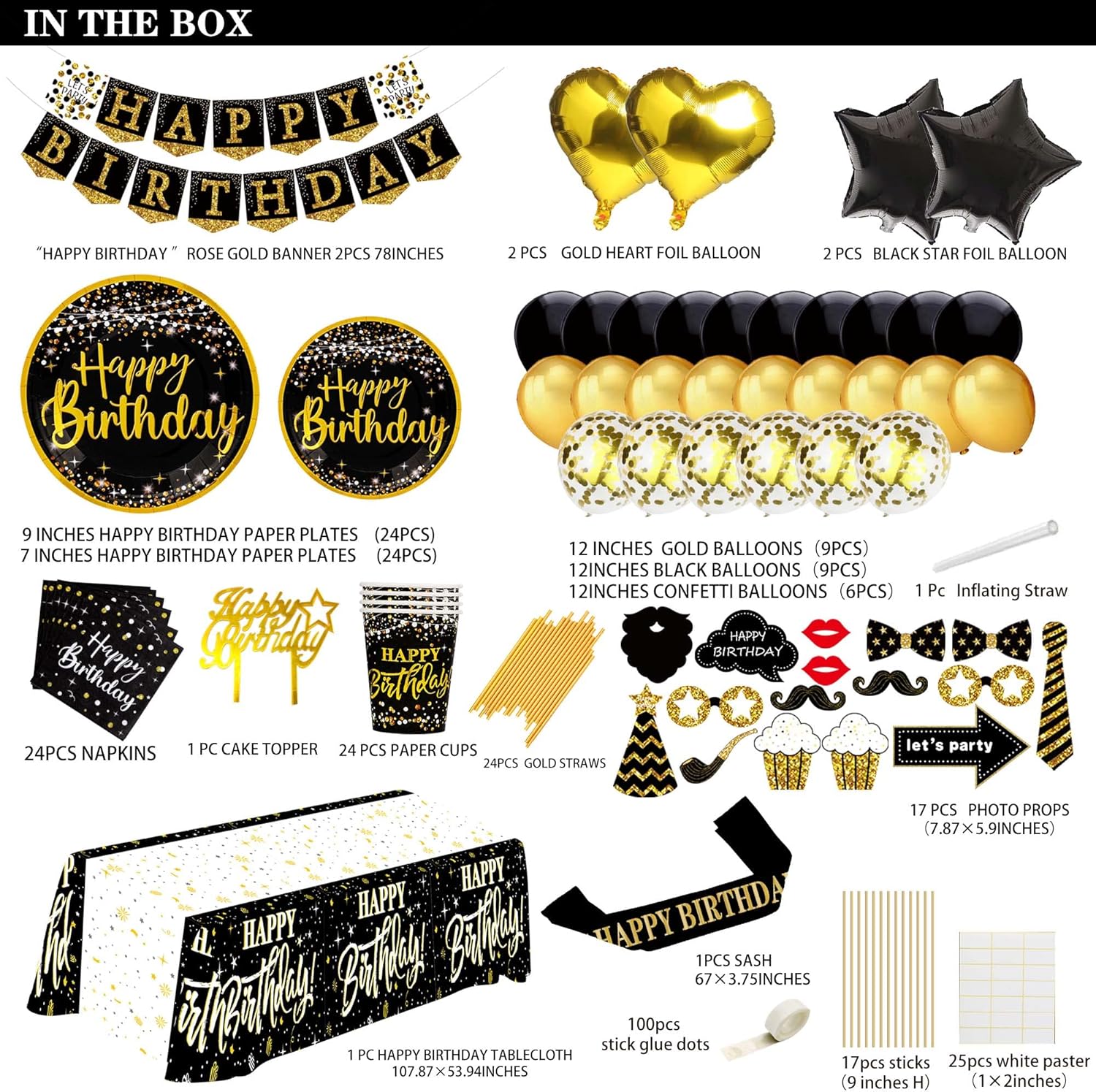 Black and Gold Birthday Decorations 169pcs for 24 Guests