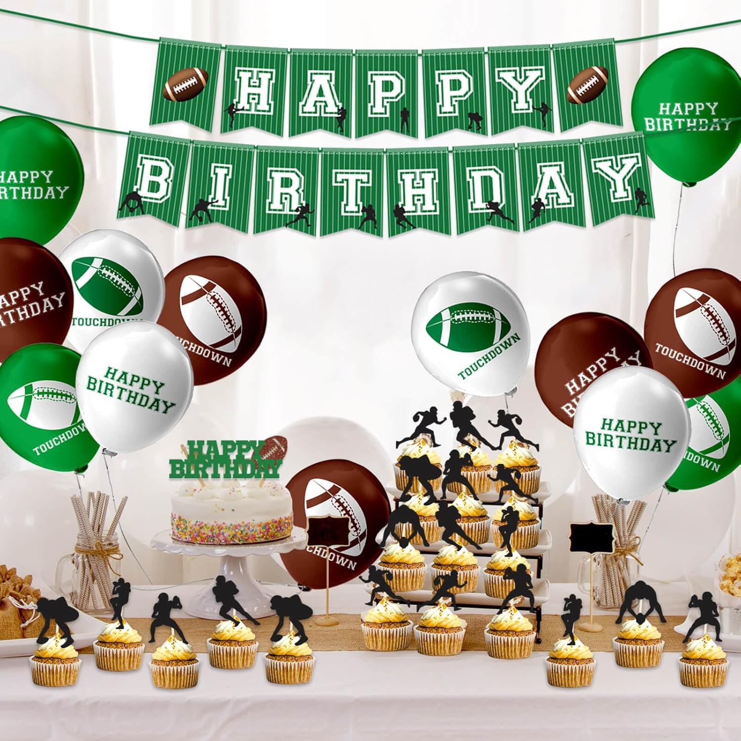 Football Party Decorations Set 18pcs Balloons Banners Cupcake Toppers