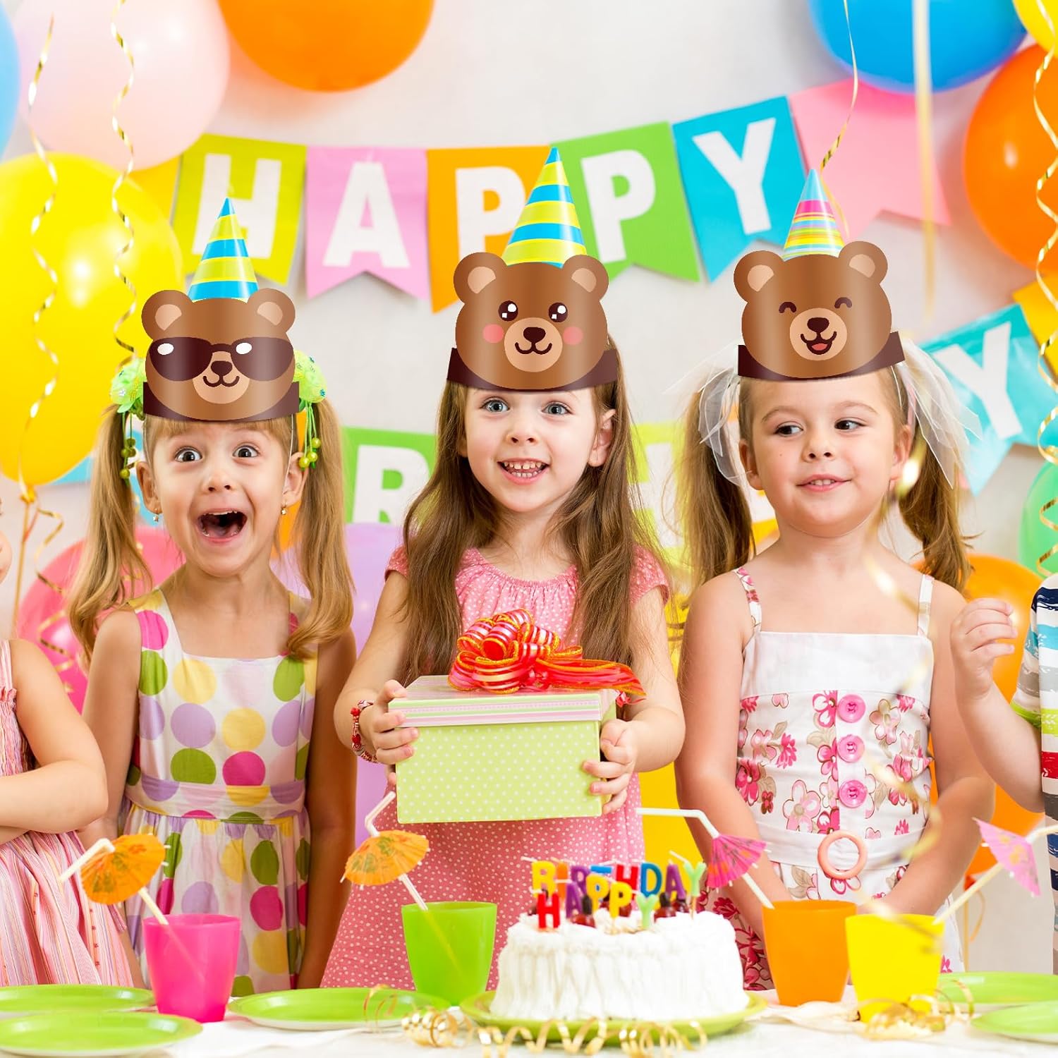 24 Pcs Bear Themed Party Hats with Ropes for Kids Birthday
