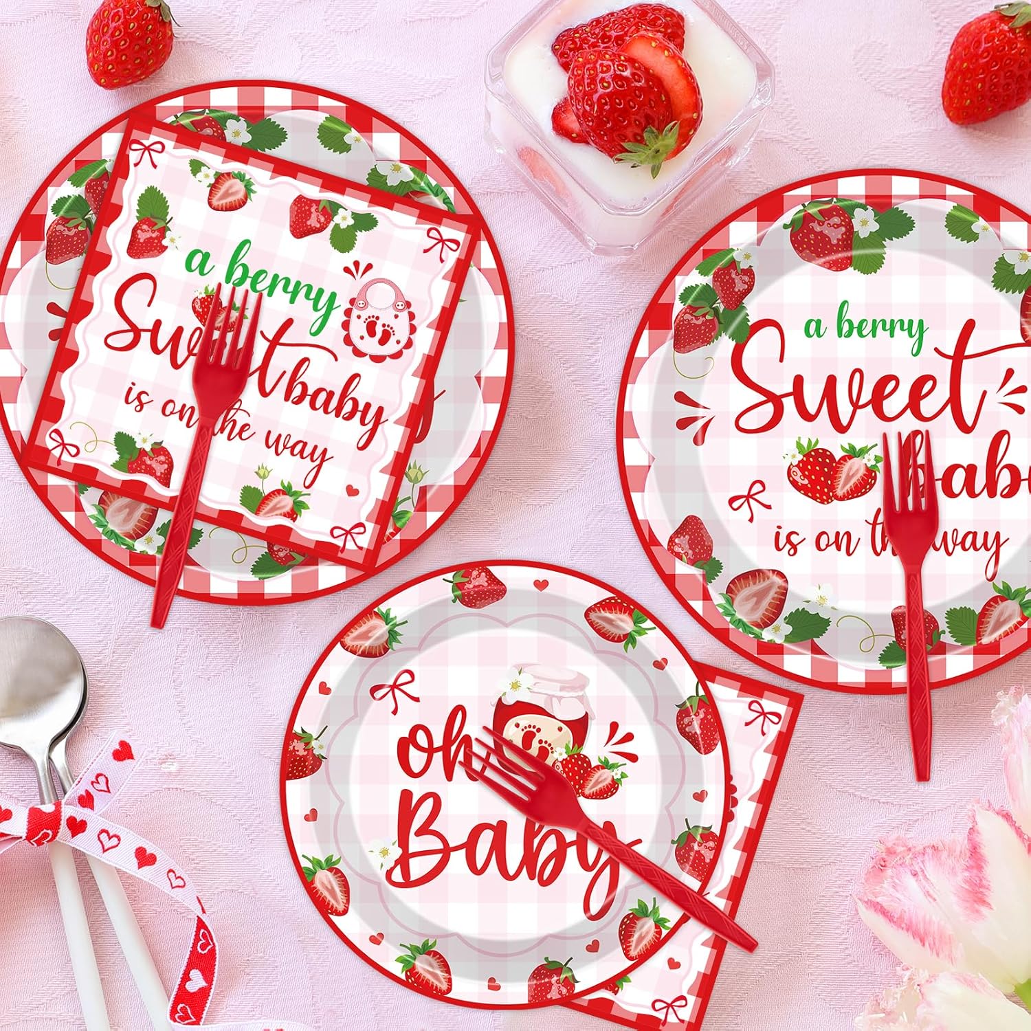 Strawberry Baby Shower 96 Pcs Decorations for 24 Guests