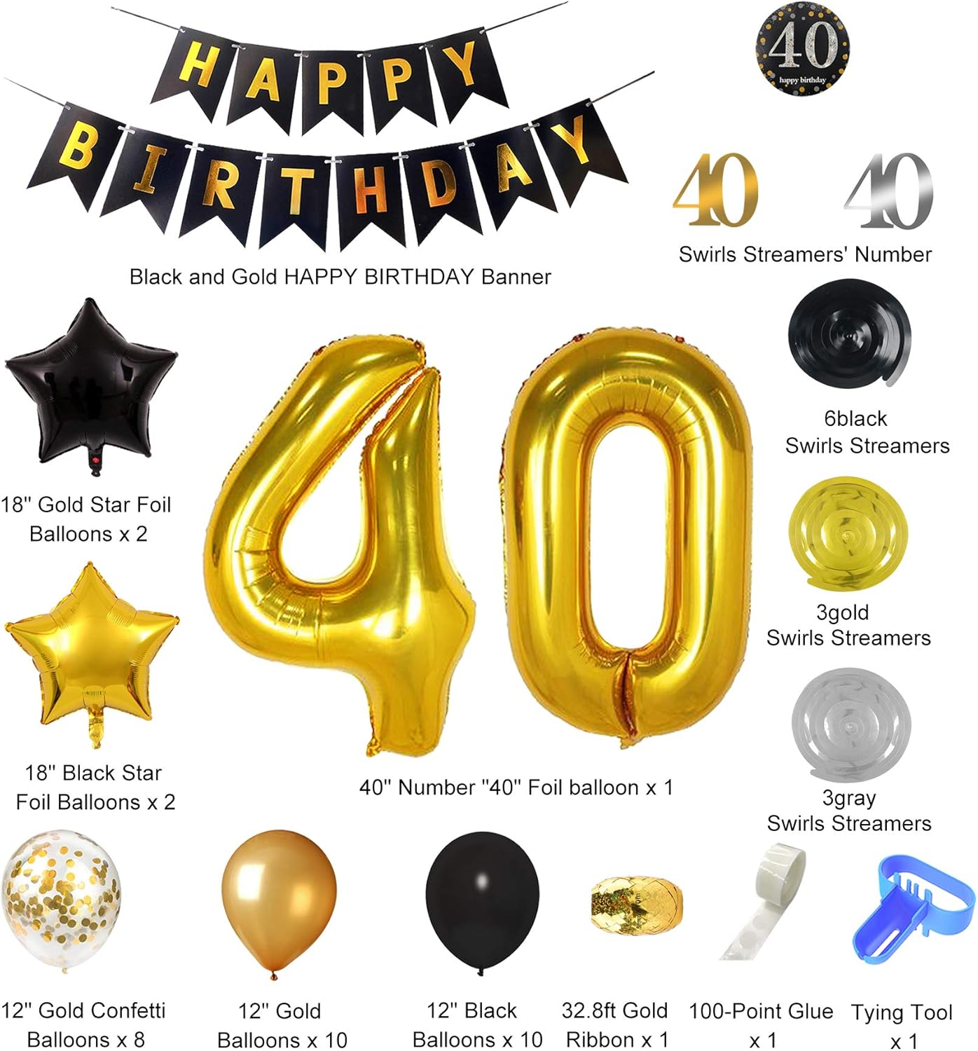 40th Birthday Decorations Set Black and Gold