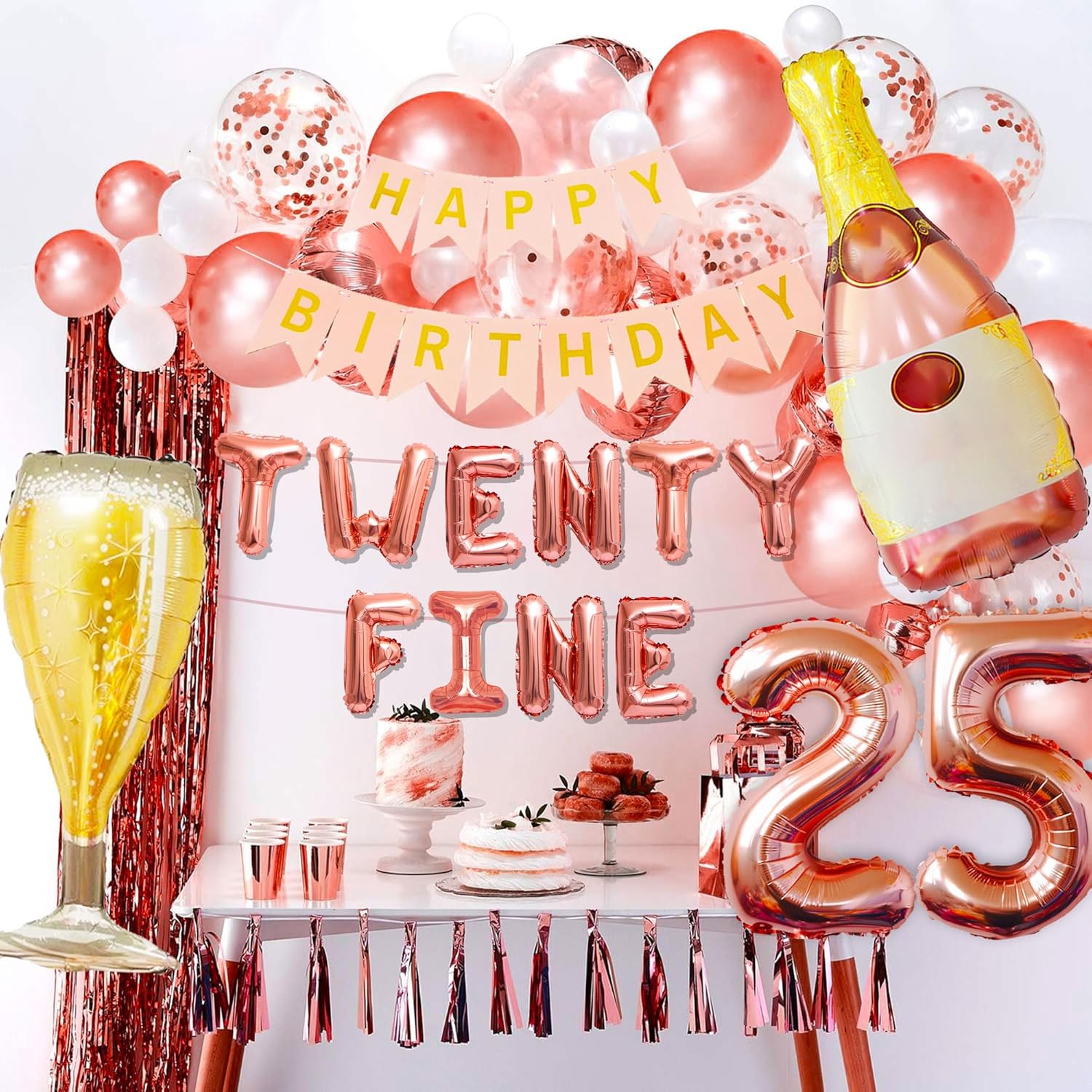 LaVenty Rose Gold 25th Birthday Balloons - Funny Happy Birthday Decoration