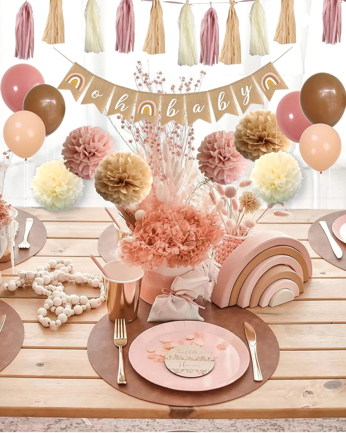 Boho Pink Brown Baby Shower Decorations Set 40-Pack