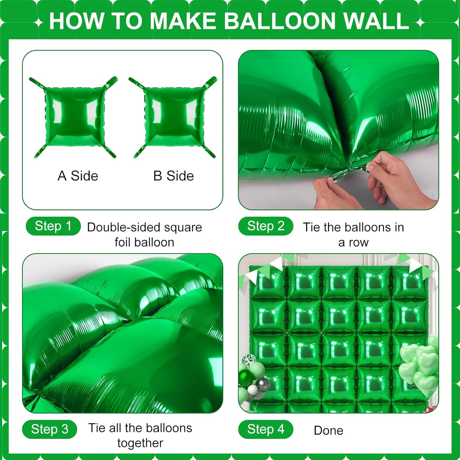Green Square Foil Balloons 25 Pcs Double Sided Wall Decor